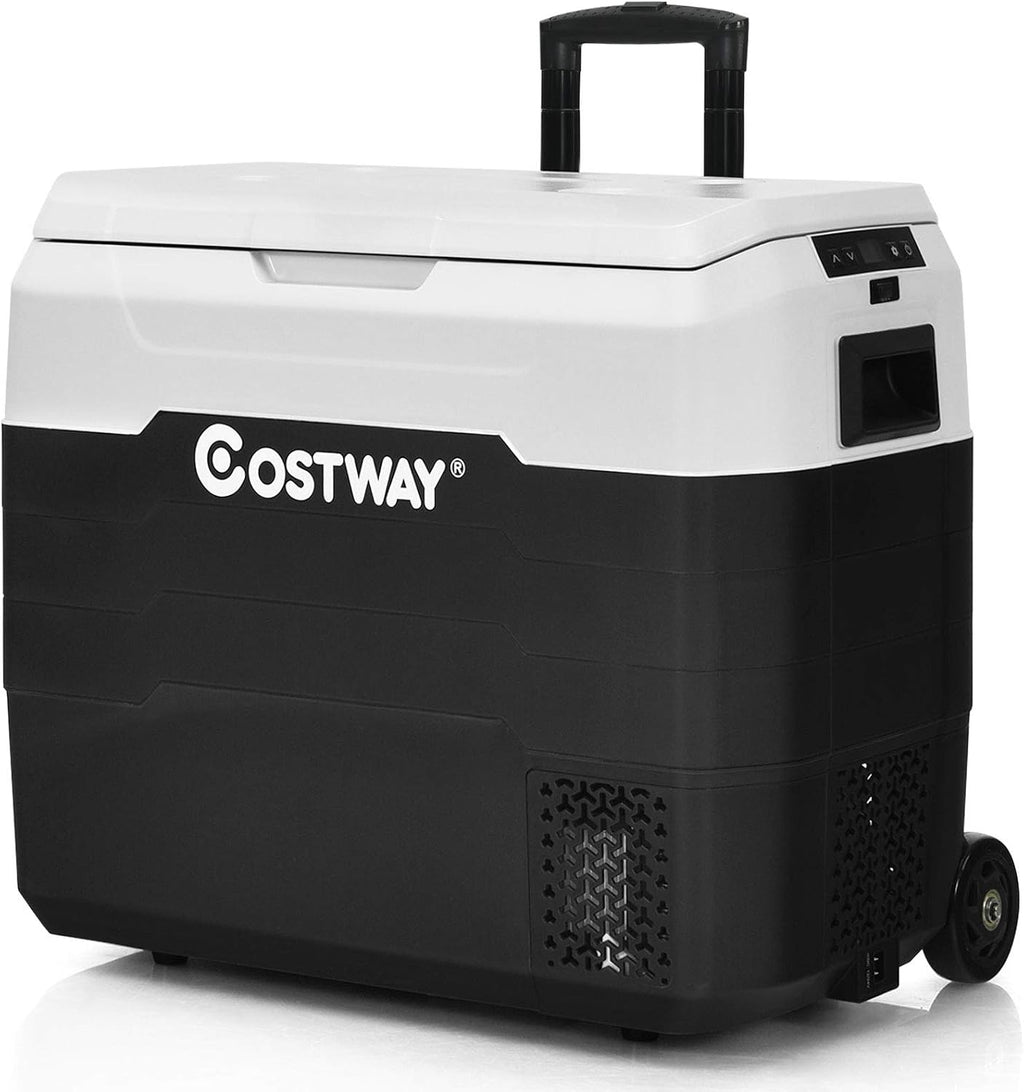 COSTWAY Car Refrigerator with Wheels, 53-Quart Dual-zone Electric Cooler with Telescopic Handle, 12V/24V DC, 100-240V AC, -4°F To 50°F, Portable Fridge Freezer for RV Camping Travel, White+Black