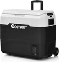 COSTWAY Car Refrigerator with Wheels, 53-Quart Dual-zone Electric Cooler with Telescopic Handle, 12V/24V DC, 100-240V AC, -4°F To 50°F, Portable Fridge Freezer for RV Camping Travel, White+Black