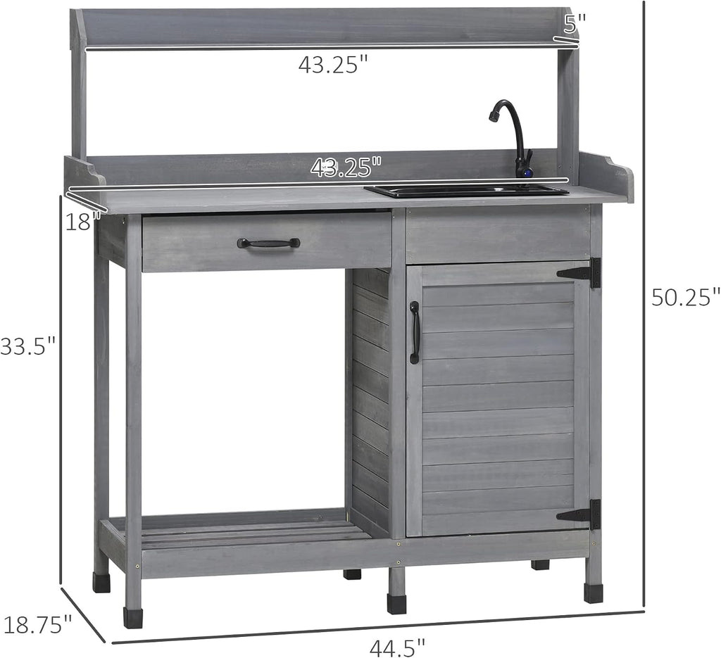 Outsunny Potting Bench Table with Removable Sink, Outdoor Work Bench Table with Storage Cabinet, Hooks, Faucet and Drawer for Greenhouse, Garden, Patio, Gray