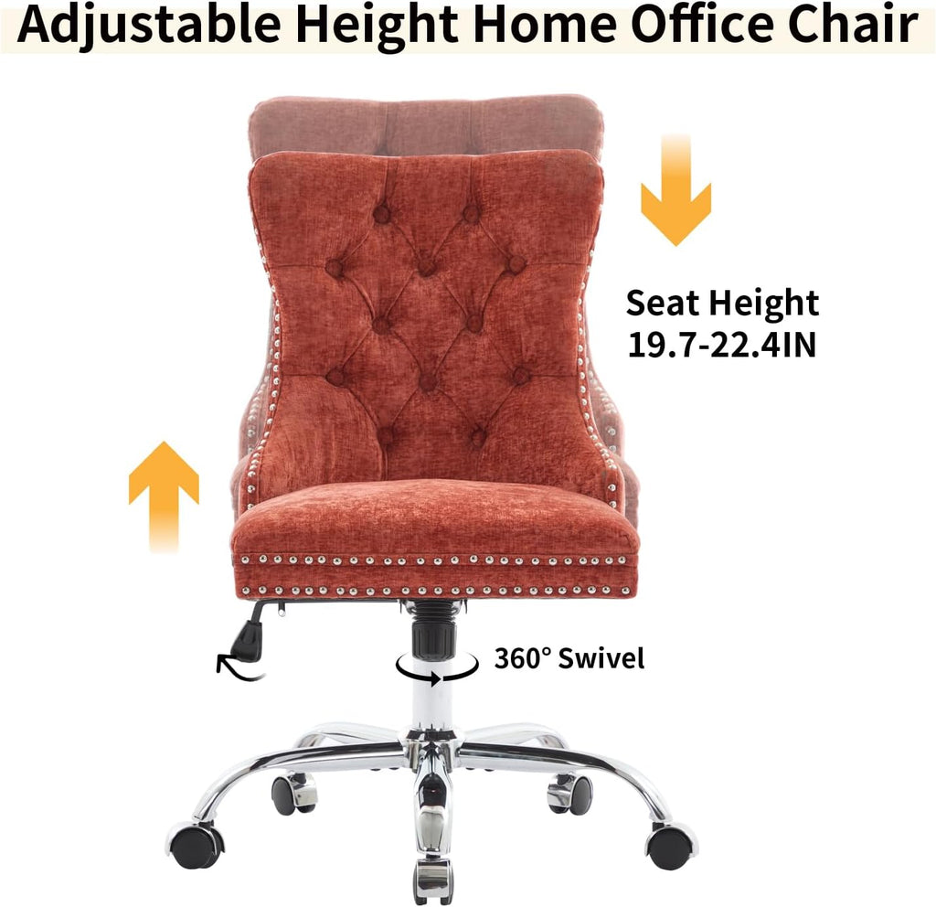 Home Office Chair with Wheels & Silver Base, Cute Chenille Fabric Makeup Vanity Chair with Tufted Back for Bedroom, Upholstered Adjustable Swivel Comfy Desk Chair for Girls Women, Orange