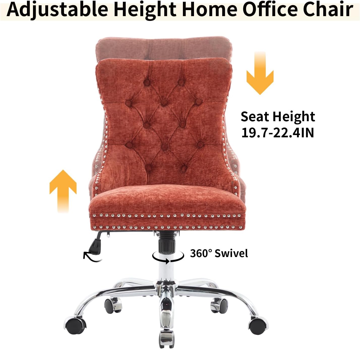 Home Office Chair with Wheels & Silver Base, Cute Chenille Fabric Makeup Vanity Chair with Tufted Back for Bedroom, Upholstered Adjustable Swivel Comfy Desk Chair for Girls Women, Orange