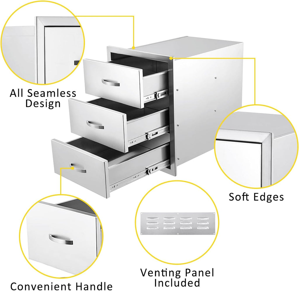 20W x 23D x 27H Inch Outdoor Kitchen Drawers Stainless Steel, Flush Mount Triple Drawers with Stainless Steel Handle, Venting Panel Weatherproof for Kitchen Island Patio, Grill Station