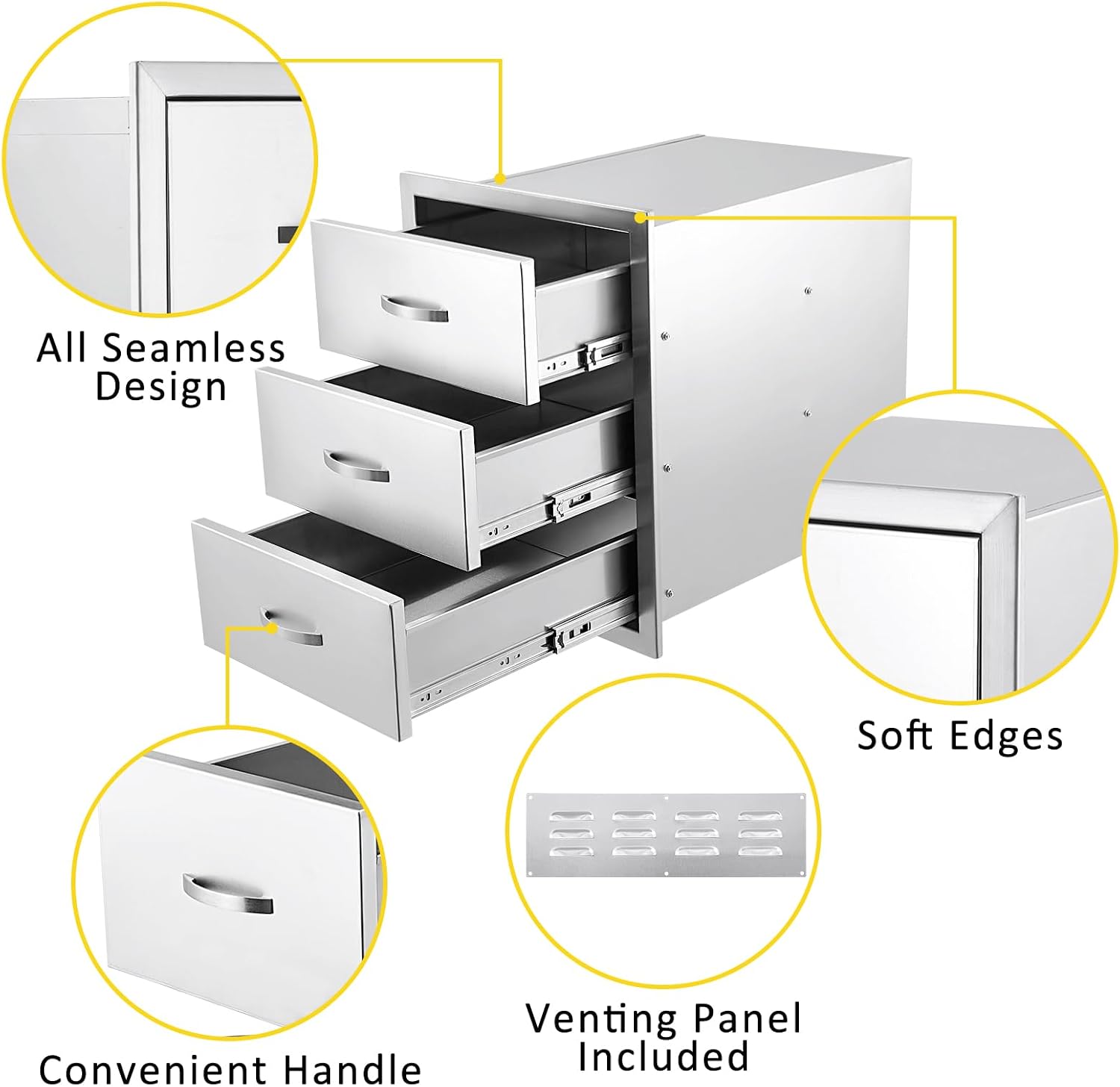 15.7W x 17.7D x 21.6H Inch Outdoor Kitchen Drawers Stainless Steel, Flush Mount Triple Drawers with Stainless Steel Handle, Venting Panel Weatherproof for Kitchen Island Patio, Grill Station