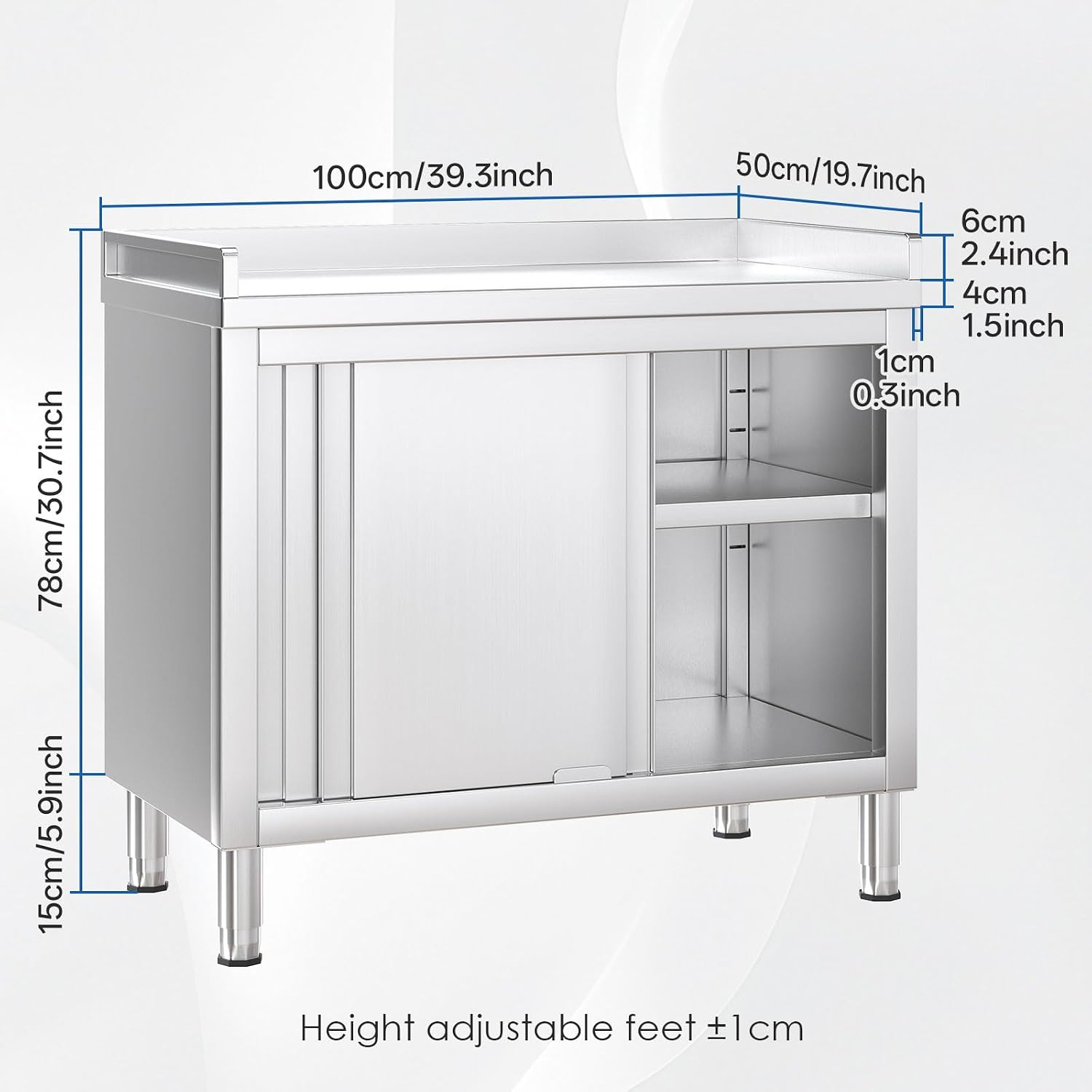 Stainless Steel Cabinet with Baffle 39'x20', Commercial Kitchen Work Table for Prep&Work, Kitchen Cabinet with Sliding Doors,Heavy Duty Prep Table for Restaurant,Garage,Warehouse
