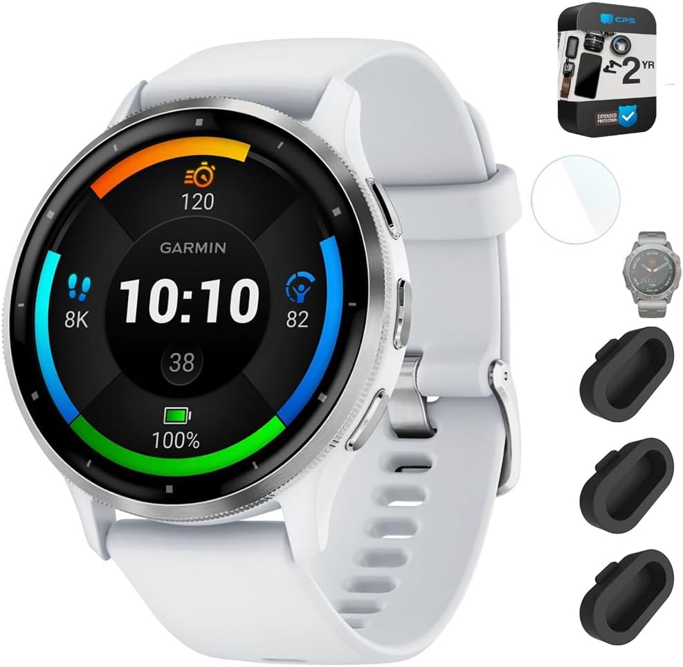 Garmin Venu 3 Health Fitness GPS Smartwatch Silver Steel Bezel w/Whitestone Case (45mm) Bundle with 2 Year Protectio Pack + Deco Essentials Silicone Dust Cover - 3 Pack + 1.4 Inch Screen Protector