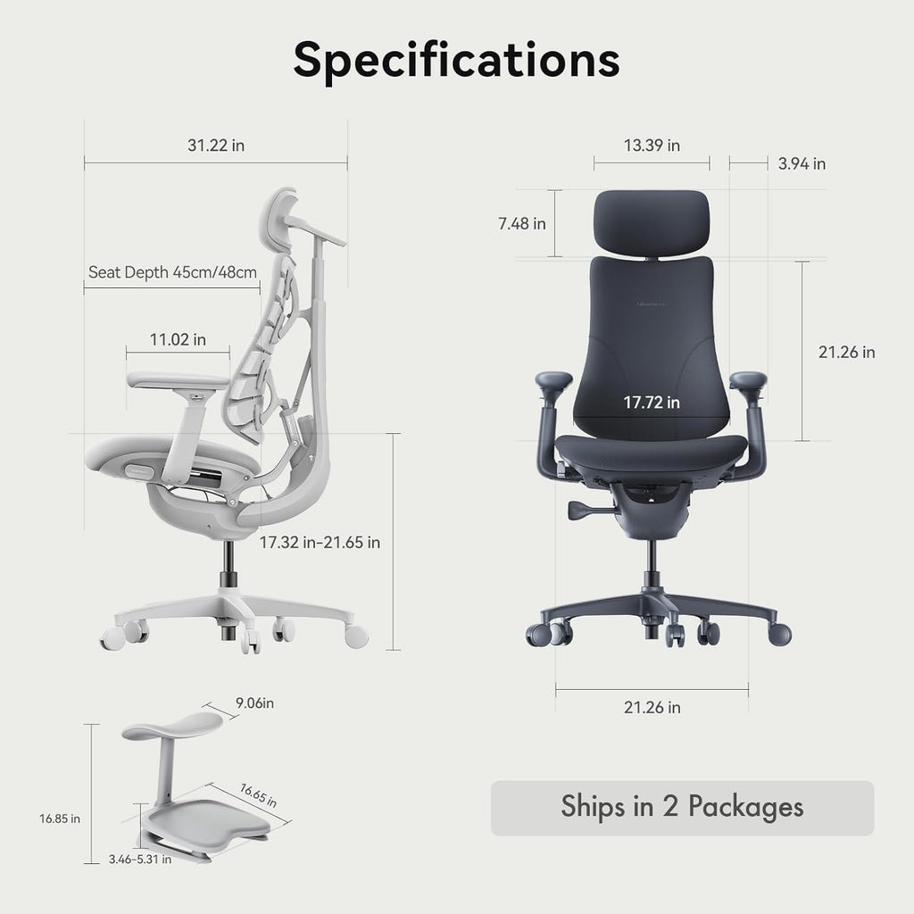 LiberNovo Dynamic Ergonomic Desk Chair + StepSync Footrest Bundle - Comfy Home Office Chair with Adaptive Lumbar Support, 160° Recline & Built-in Spine Stretch, Black+48cm