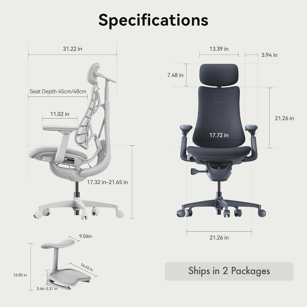 LiberNovo Dynamic Ergonomic Desk Chair + StepSync Footrest Bundle - Comfy Home Office Chair with Adaptive Lumbar Support, 160° Recline & Built-in Spine Stretch, Gray+48cm
