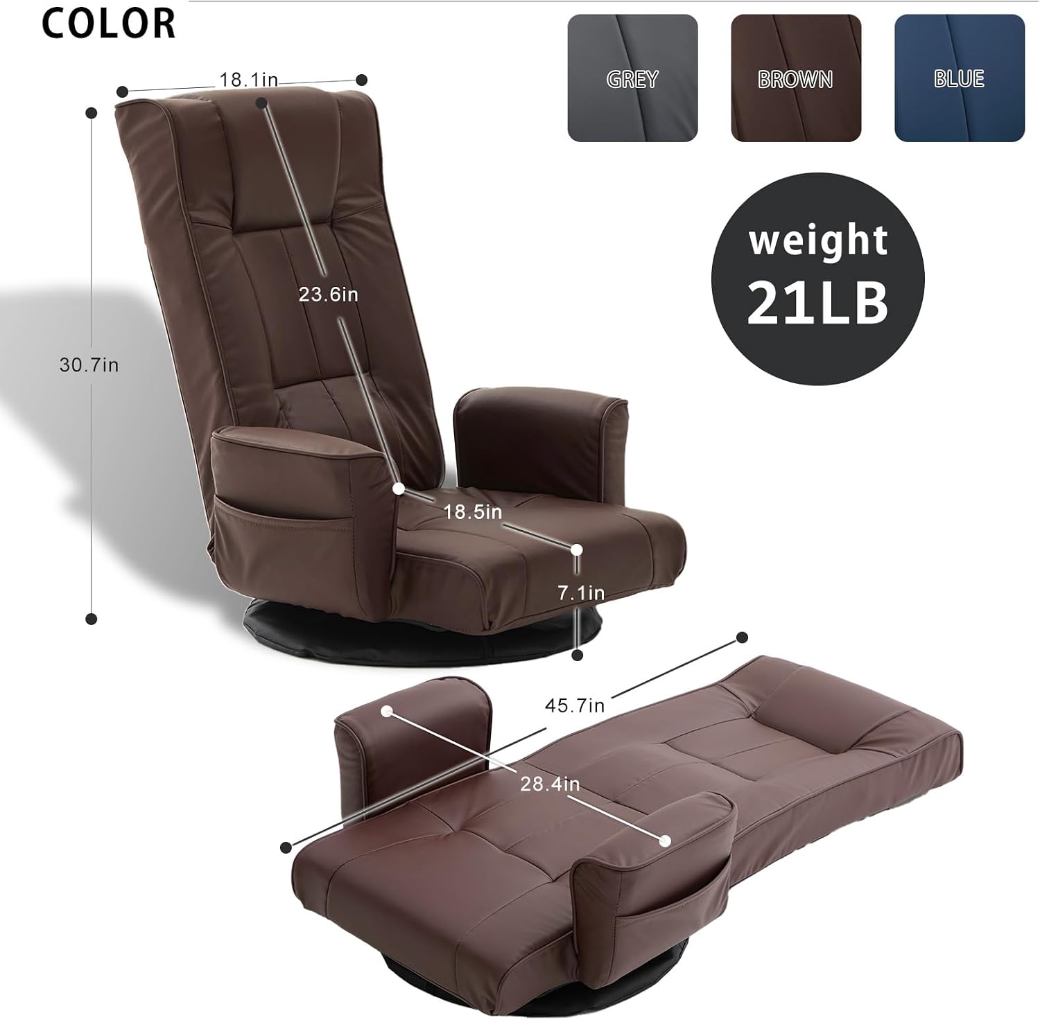 360 Degree Swivel Floor Chairs for Adults, Faux Leather Gaming Floor Chair with Back Support, 14 Angles Adjustable Comfortable Floor Lounge Chair Folding Video Game Chairs Office Bedroom