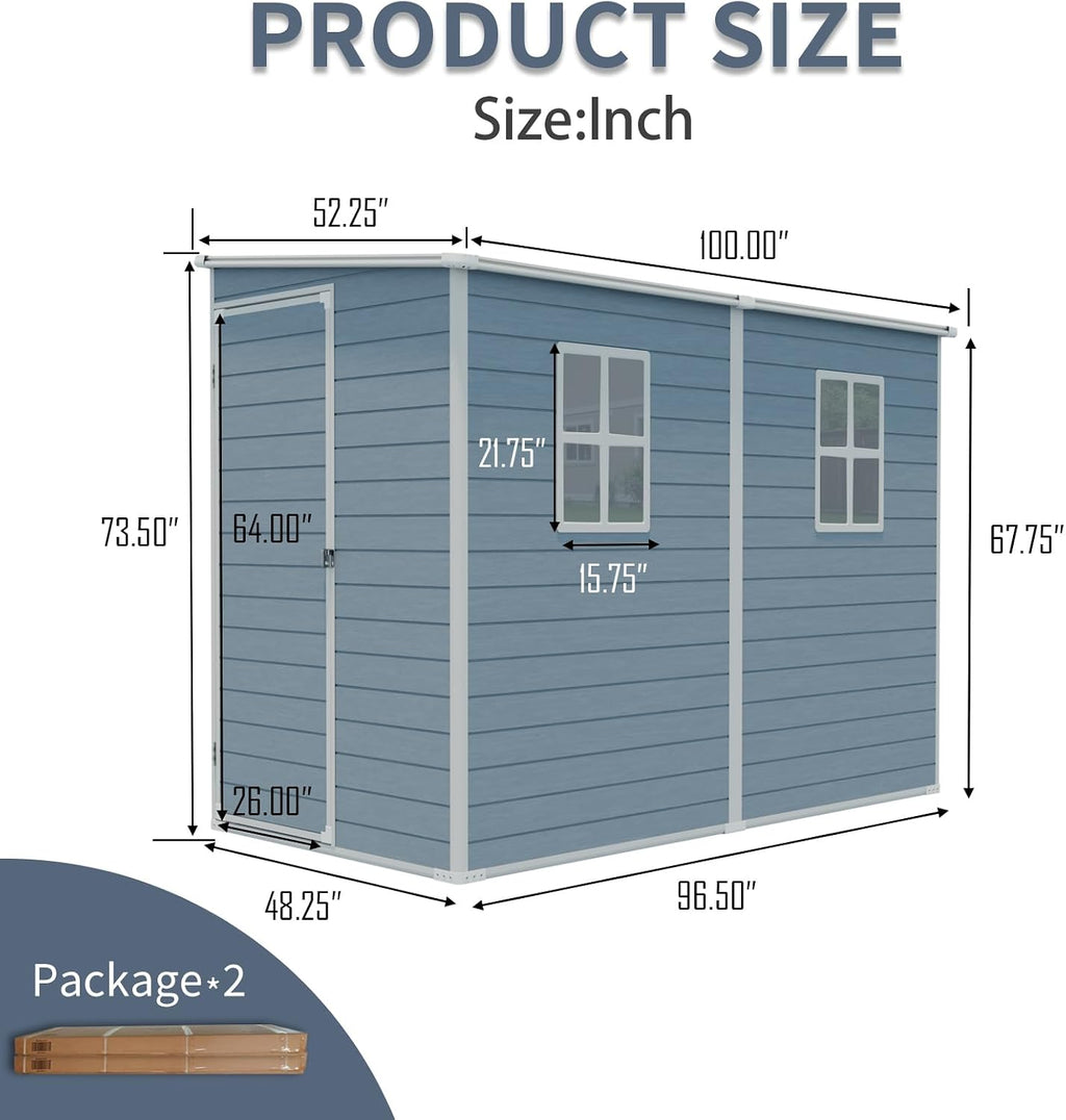 KUIKUI 8x4ft Shed with Floor Included, Outdoor Storage Plastic Resin Lean to Shed with 2 Windows and Lockable Door, Backyard Storage Sheds for Garden Tools, Bike, Grey