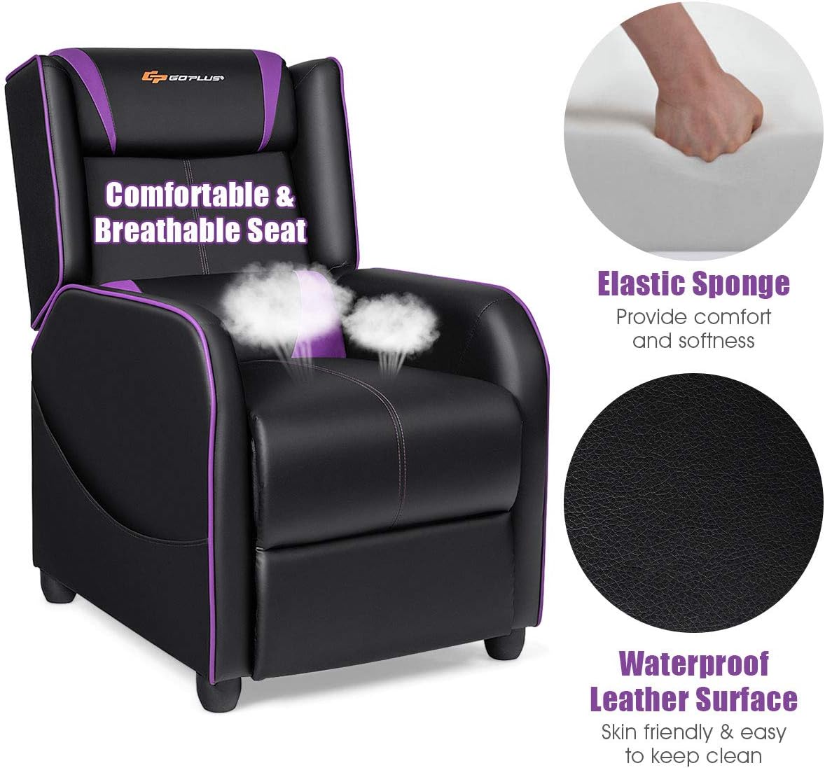 POWERSTONE Gaming Recliner Chair, Reclining Gaming Chairs for Adults Ergonomic Leather Sofa with Footrest Lumbar Support Headrest and Side Pouch for Living Room Home Theater, Purple