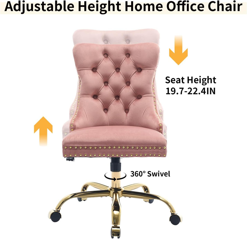 Pink Velvet Home Office Desk Chair with Wheels & Gold Base, Comfy Makeup Vanity Chair with Tufted Back for Women Girls, Upholstered Adjustable Swivel Armless Office Chair for Bedroom, Pink