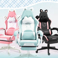 Dowinx 5TE5 Gaming Chair Cute with Cat Ears and Massage Lumbar Support, Ergonomic Computer Chair Footrest and Headrest, Comfortable Reclining Game Chair 290lbs for Adult, Teen, Pink
