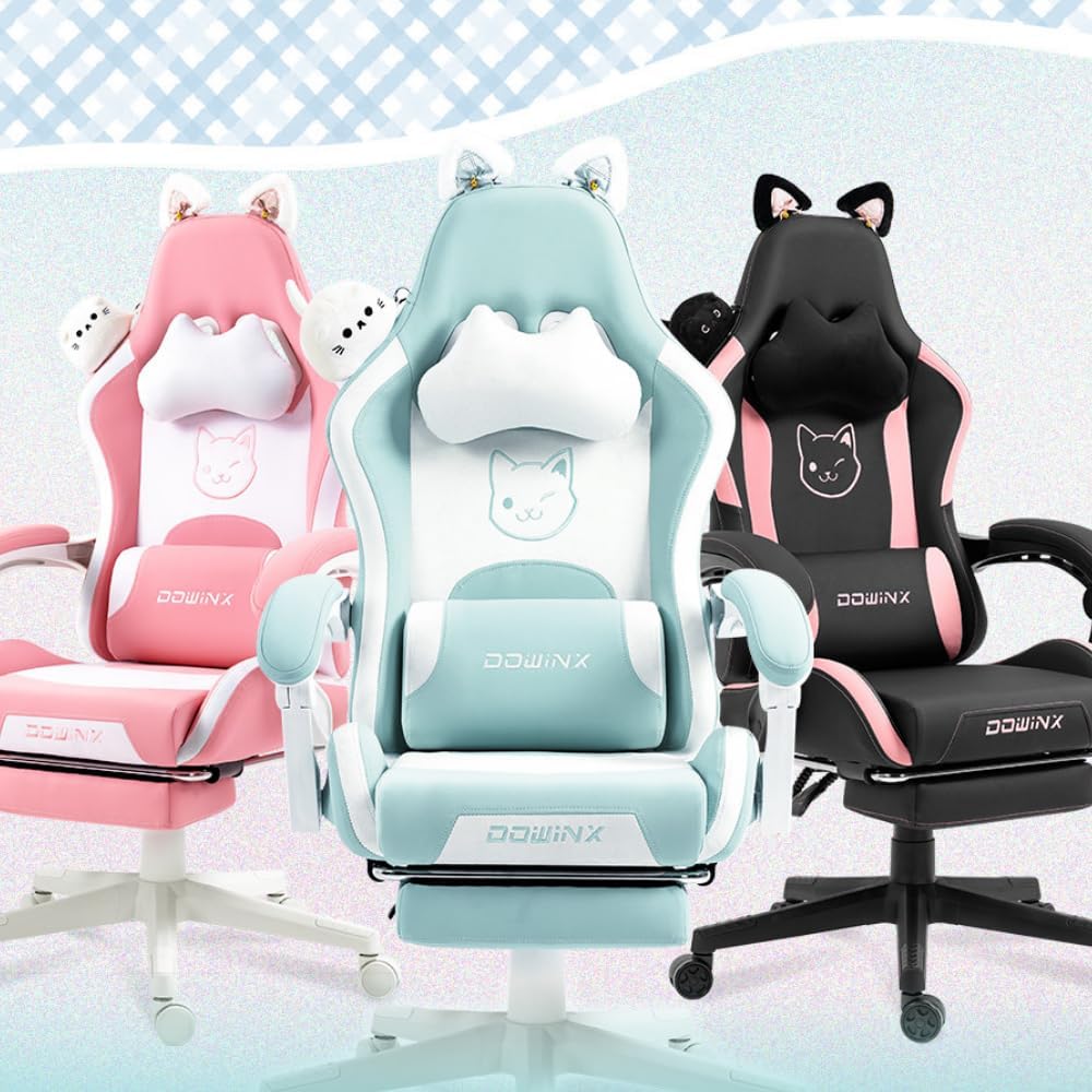 Dowinx 5TE5 Gaming Chair Cute with Cat Ears and Massage Lumbar Support, Ergonomic Computer Chair Footrest and Headrest, Comfortable Reclining Game Chair 290lbs for Adult, Teen, Pink