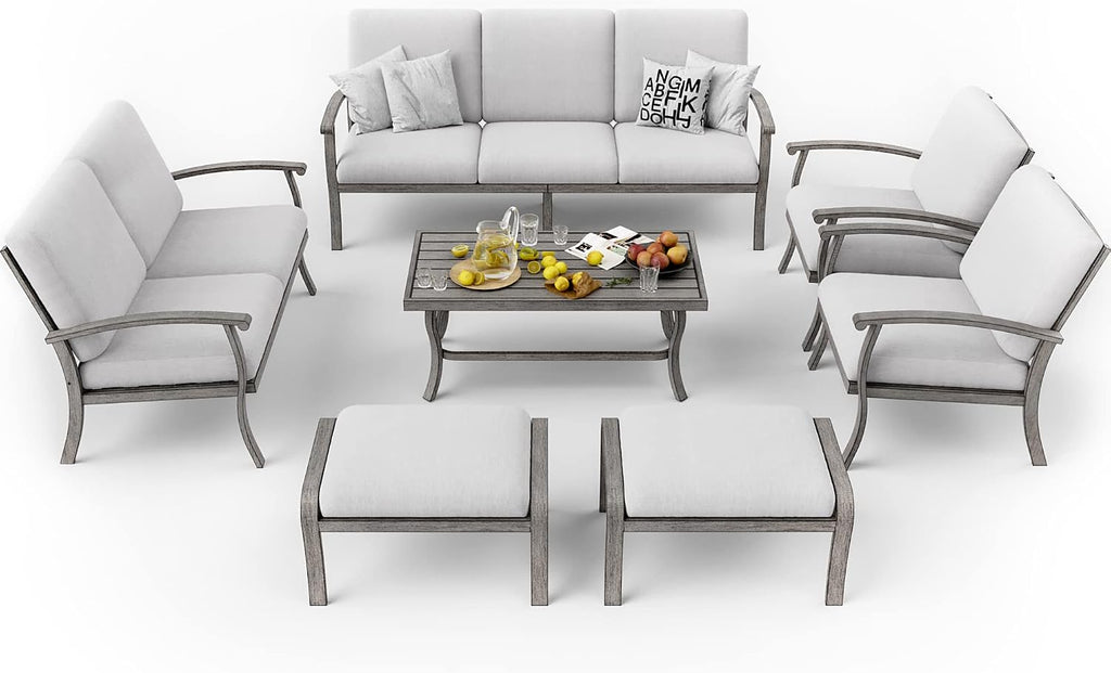 HAPPATIO 7 Piece Aluminum Patio Furniture Set, 3-Seat Outdoor Loveseat, Outdoor Sectional Sofa with Ottomans and Coffee Table, Garden Conversation Set with Armchairs for Lawn Deck (Gray)