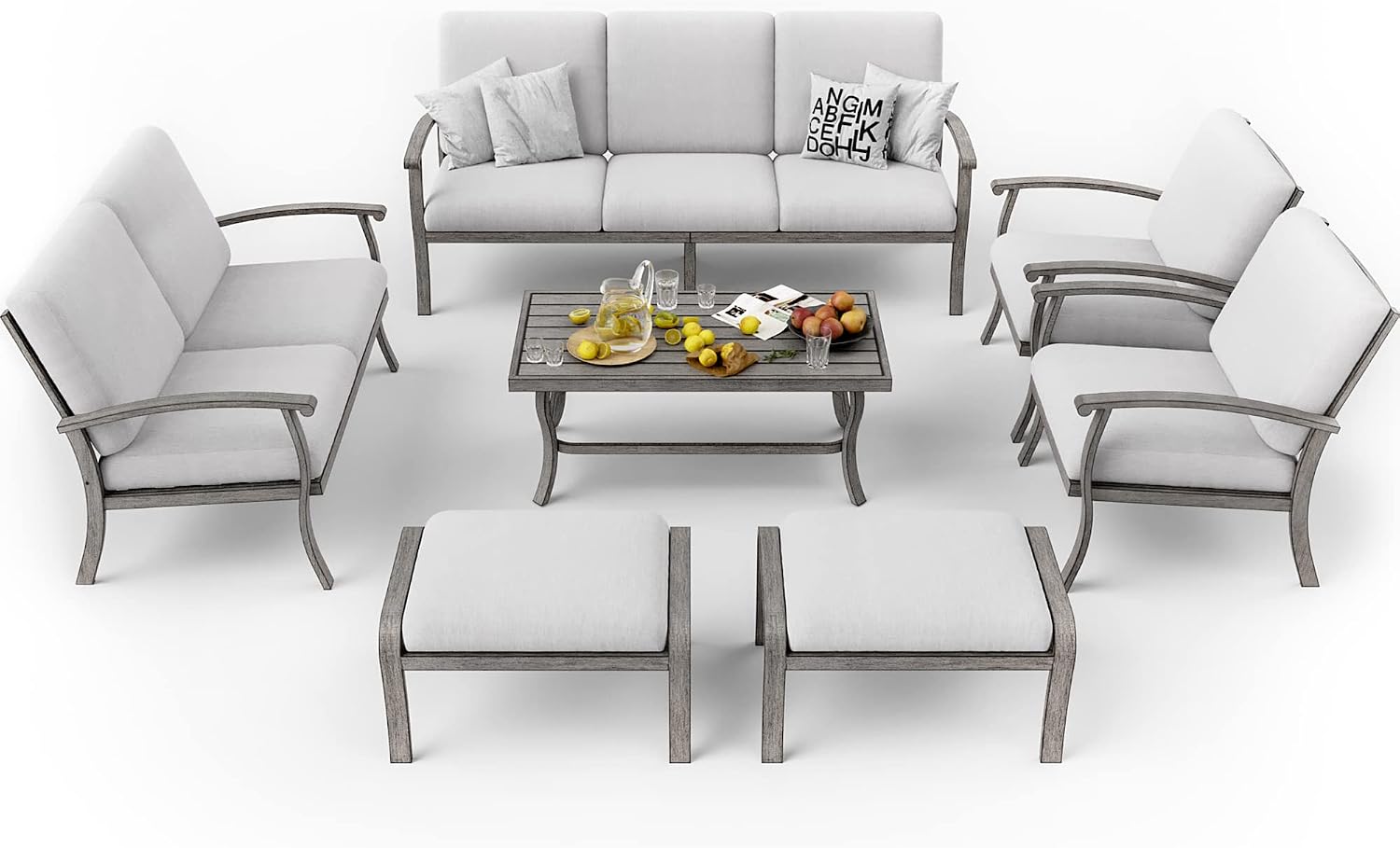 HAPPATIO 7 Piece Aluminum Patio Furniture Set, 3-Seat Outdoor Loveseat, Outdoor Sectional Sofa with Ottomans and Coffee Table, Garden Conversation Set with Armchairs for Lawn Deck (Gray)