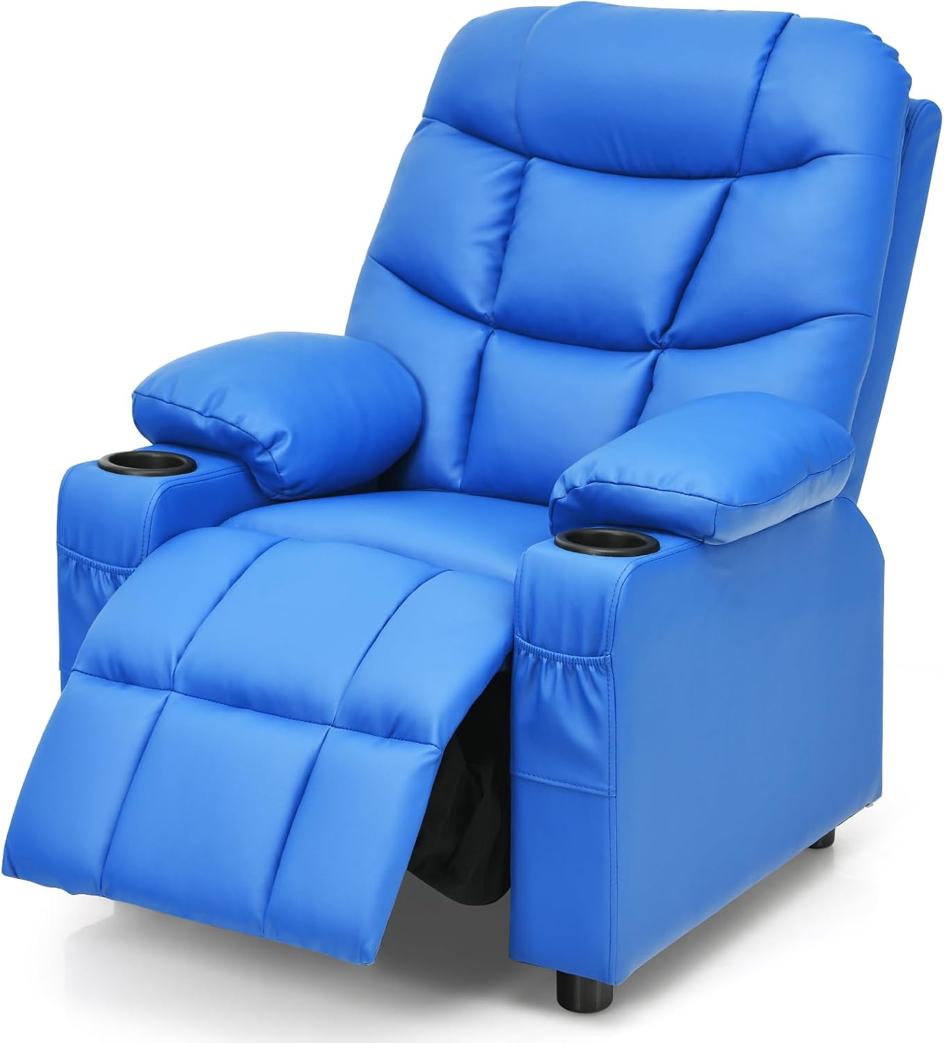 MAT EXPERT Kids Recliner, Leather Adjustable Reading Gaming Chair w/ 2 Cup Holder, 3 Side Pocket Storage & Footrest, Kids Couch Toddler Lounge Chair for Boys Girls, Kids Room Playroom Nursery (Blue)