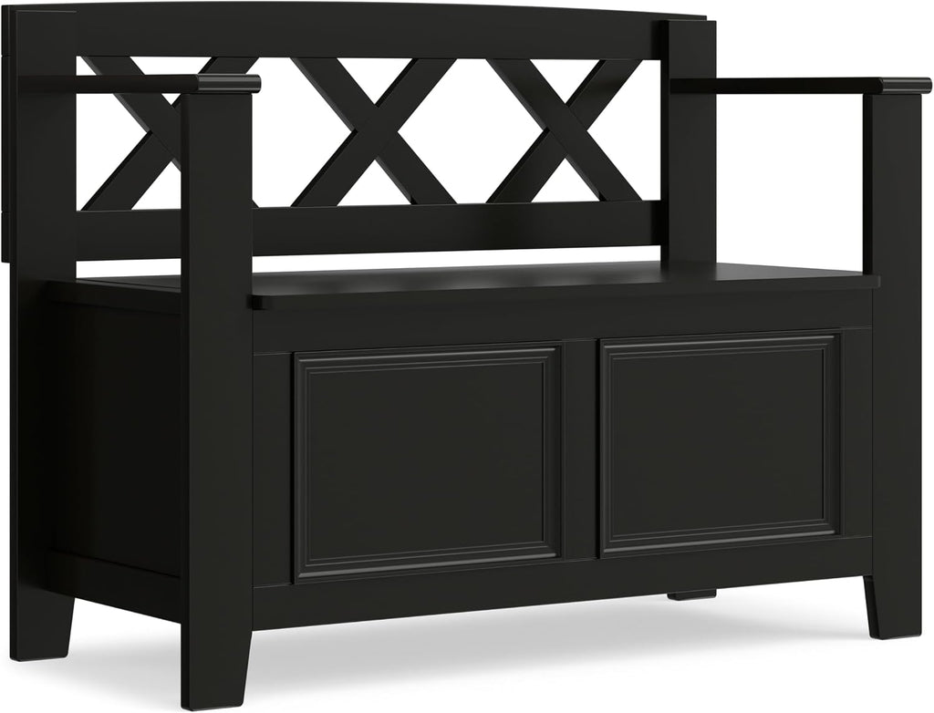 SIMPLIHOME Amherst Entryway Storage Bench - 36 inch Wide Solid Wood Hallway Bench in Black, Transitional Bench for Entry or Mudroom with Lift-Up Lid, Storage Compartments and X-Back Detail