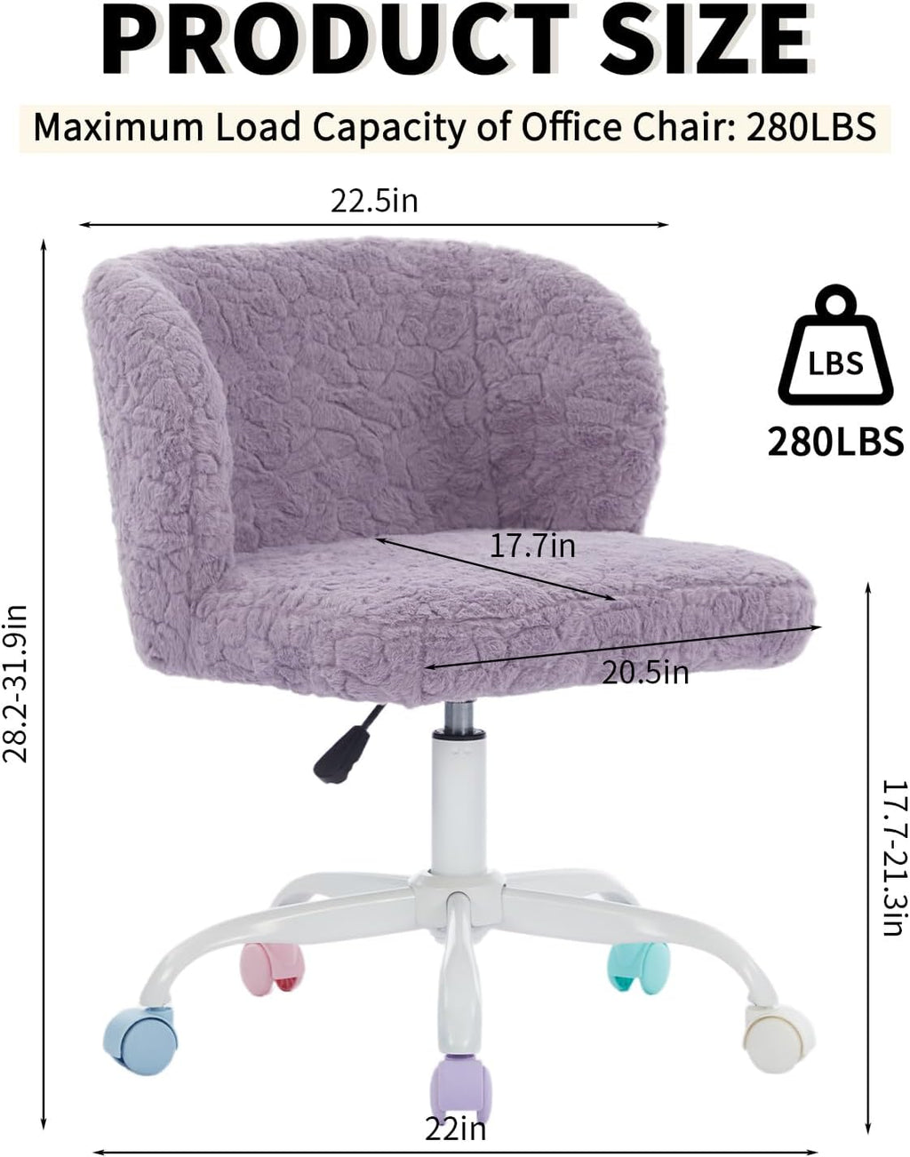Shenyon Purple Faux Fur Vanity Chair, Adjustable Swivel Home Office Chair with Colorful Wheels and Metal Base, Cute Makeup Chair for Women, Teens & Girls(Purple)