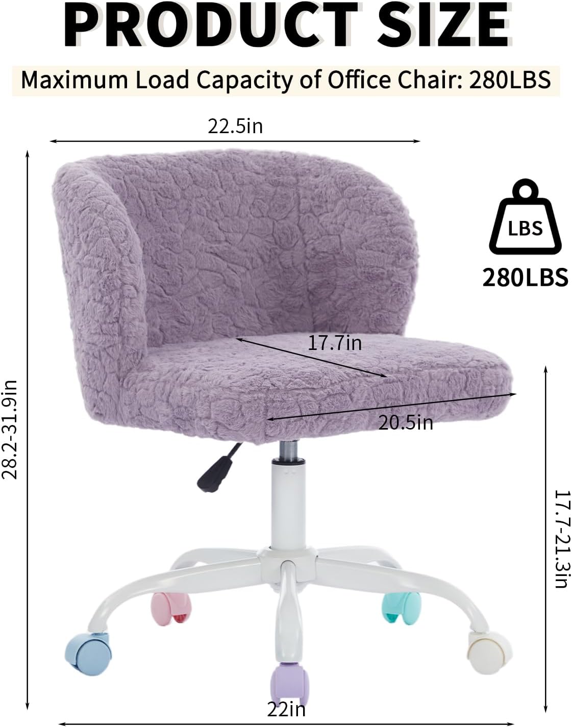 Shenyon Purple Faux Fur Vanity Chair, Adjustable Swivel Home Office Chair with Colorful Wheels and Metal Base, Cute Makeup Chair for Women, Teens & Girls(Purple)