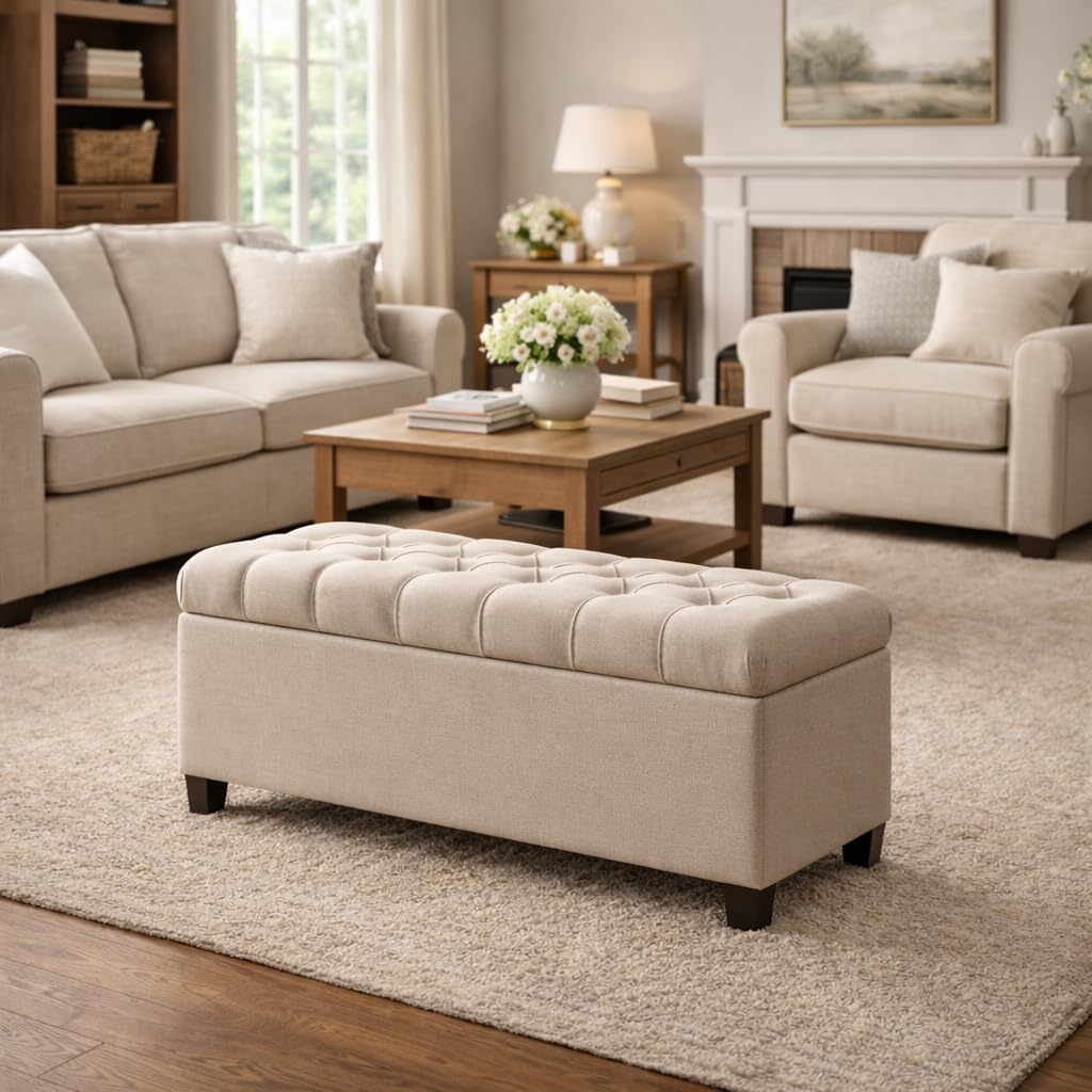 Homepop Home Decor | Tufted Ainsley Button Storage Ottoman Bench with Hinged Lid | Ottoman Bench with Storage for Living Room & Bedroom, Tan