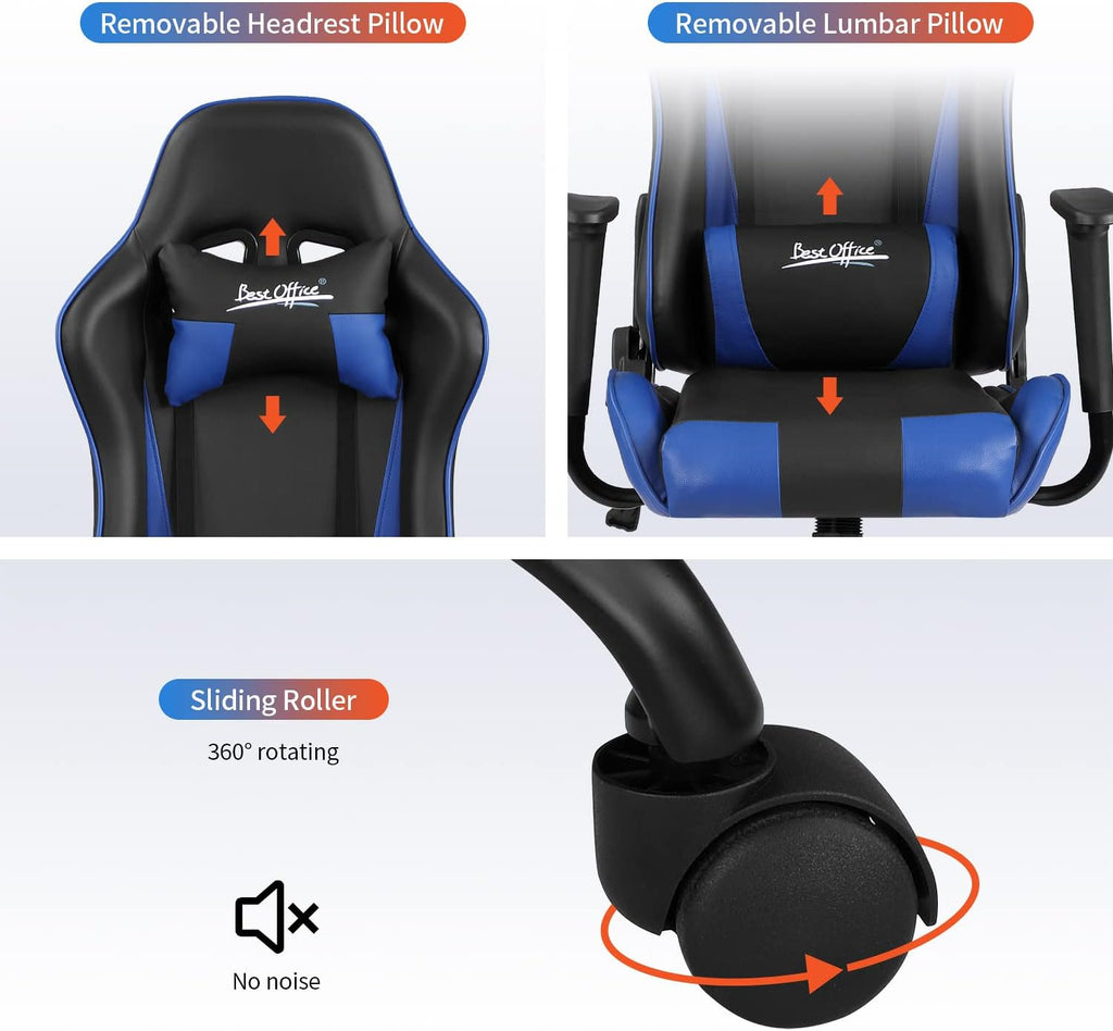 Gaming Chair Office Chair Desk Chair with Lumbar Support Headrest Armrest Task Rolling Swivel Ergonomic E-Sports Adjustable PC Gamer Chair Blue