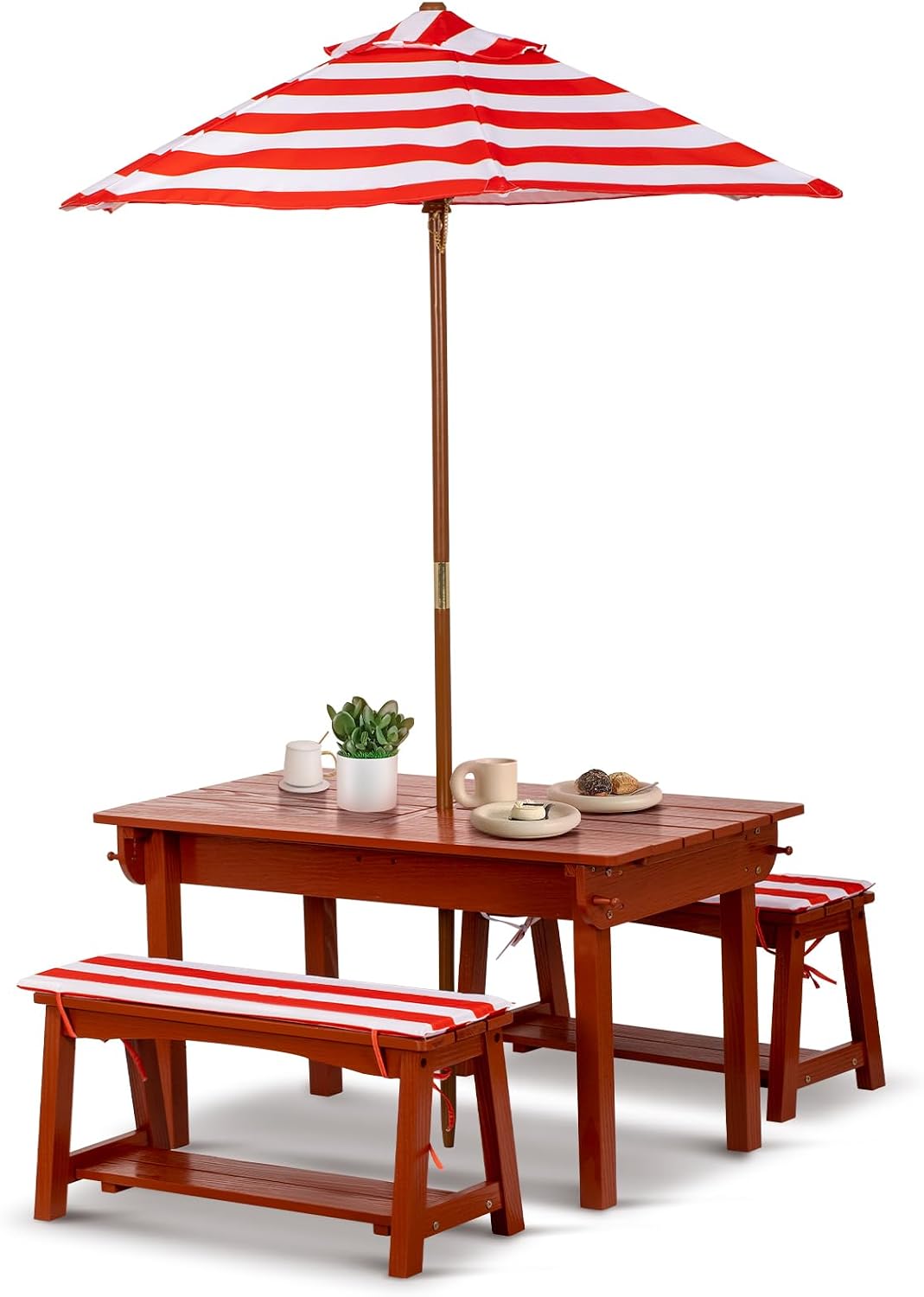 BRINJOY Kids Picnic Table with Umbrella, Outdoor Wooden Table & Bench Set w/Cushions & 2 Removable Boxes, 4-in-1 Children Sand and Water Table Activities Furniture for Patio, Garden, Indoor Outdoor