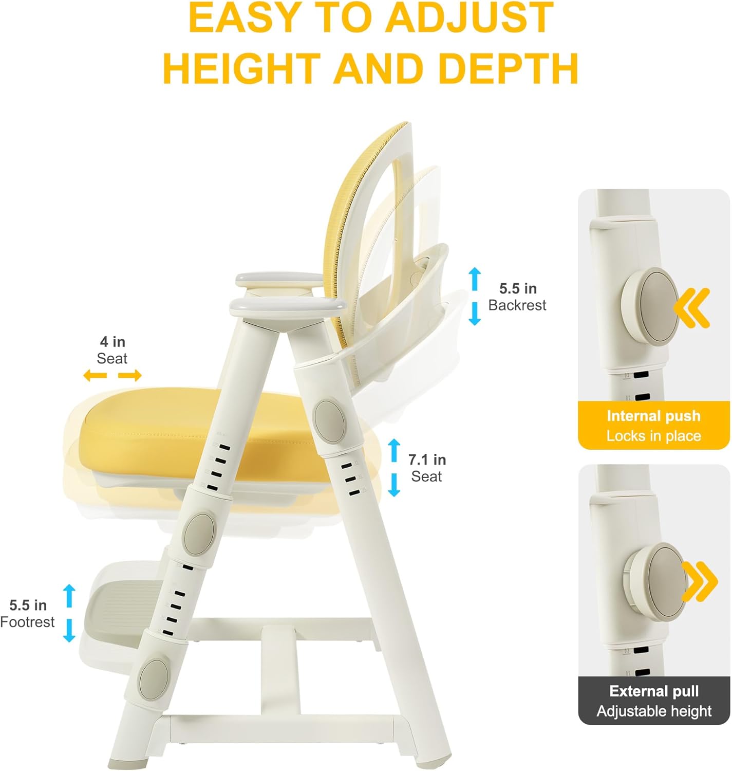 Ergonomic Kids' Study Chair, Height Adjustable Kids Desk Chair for Boys Girls,Comfortable for Teenagers Playing, Drawing, Ideal Gift for Children,Students（Yellow）