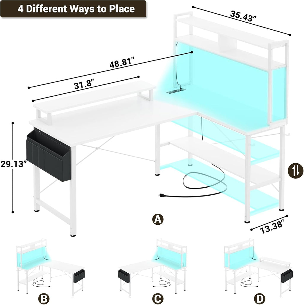 Aheaplus L Shaped Gaming Desk with Power Outlets & LED Lights, Small L- Shaped Desk Computer Corner Desk with Monitor Stand & Storage Shelf, Home Office Desk Writing Desk with Storage Bag, White