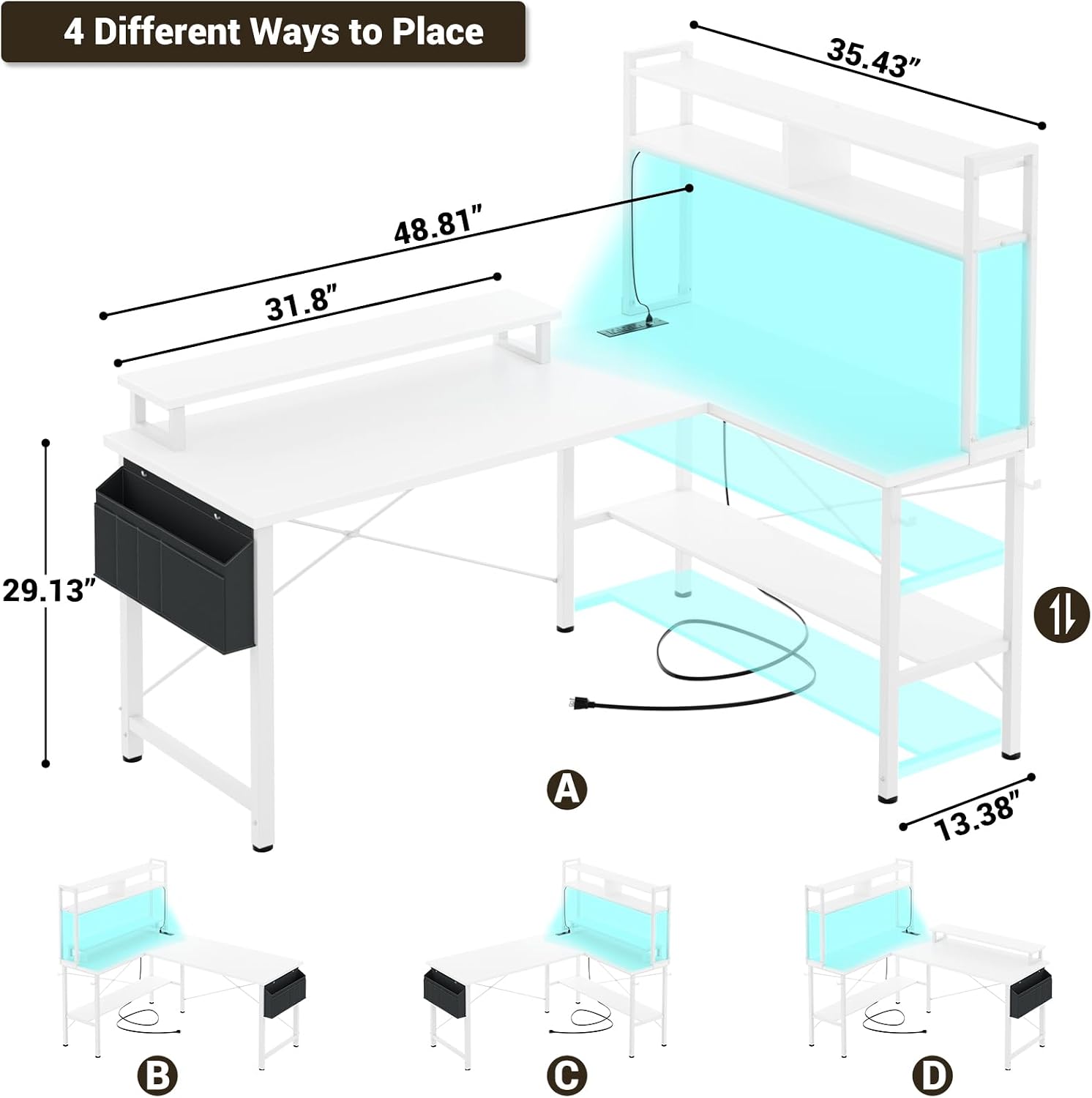Aheaplus L Shaped Gaming Desk with Power Outlets & LED Lights, Small L- Shaped Desk Computer Corner Desk with Monitor Stand & Storage Shelf, Home Office Desk Writing Desk with Storage Bag, White