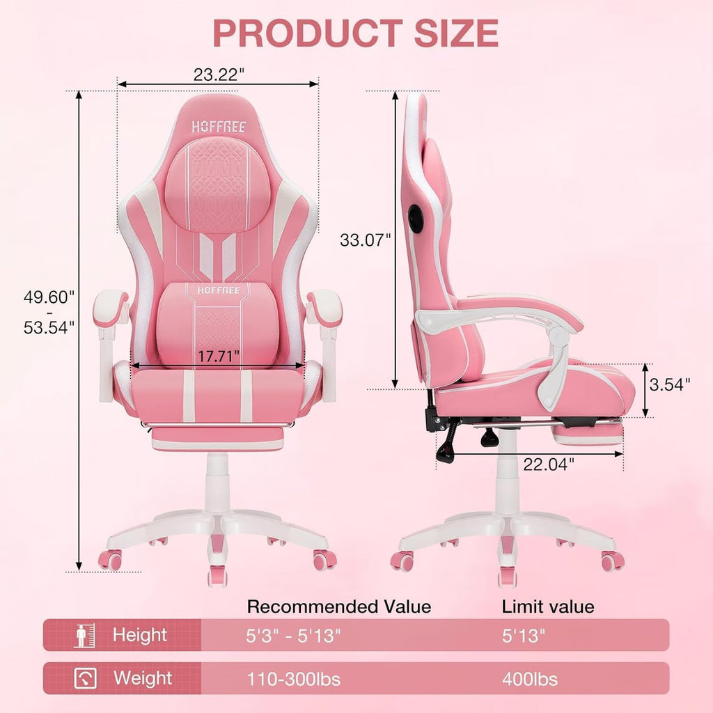 HOFFREE LED Gaming Chair Pink with Bluetooth Speakers Massage for Girls Game Chairs Big and Tall with Footrest Gamer Chair for 400lbs Computer Desk Chair for Adults Pink and White