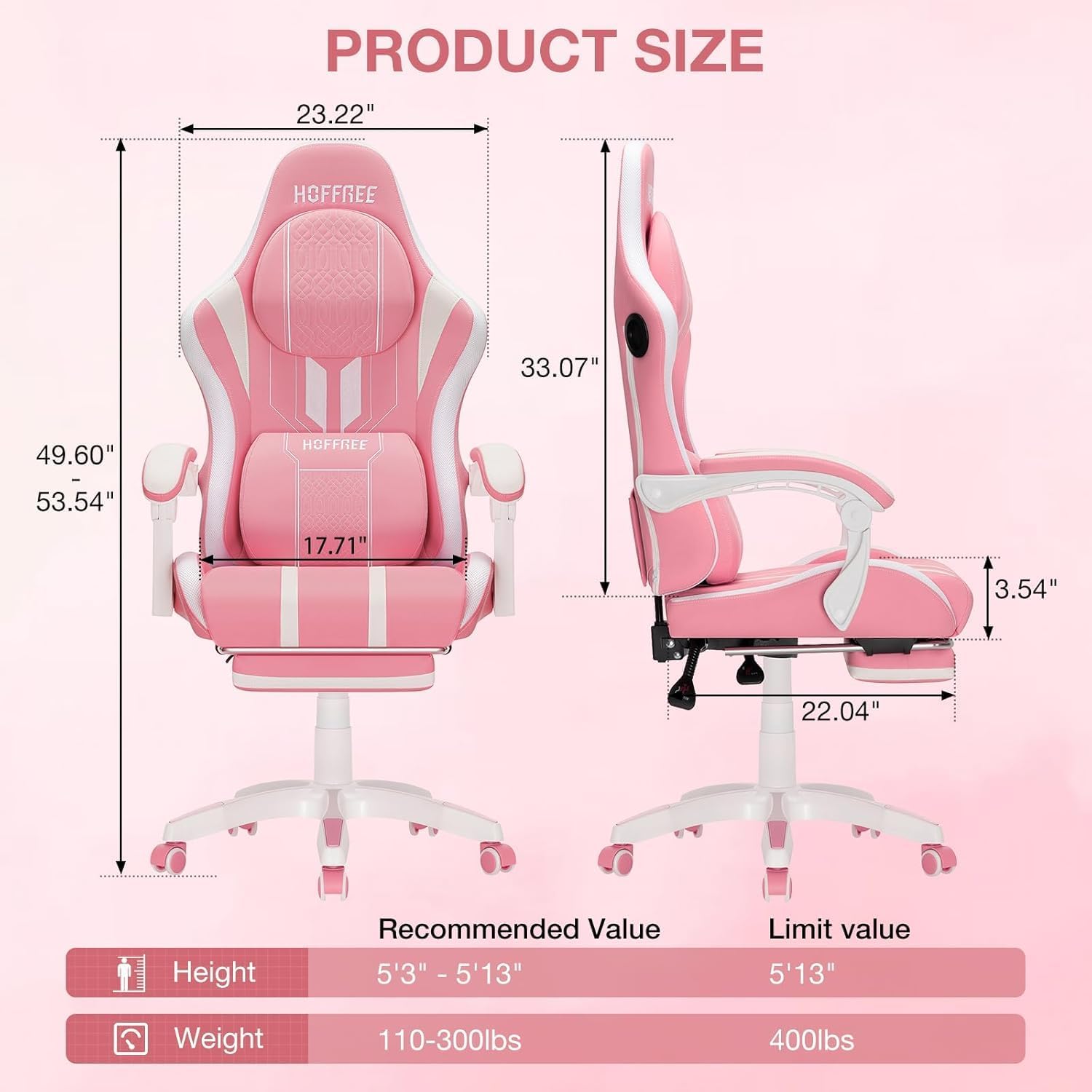 HOFFREE LED Gaming Chair Pink with Bluetooth Speakers Massage for Girls Game Chairs Big and Tall with Footrest Gamer Chair for 400lbs Computer Desk Chair for Adults Pink and White
