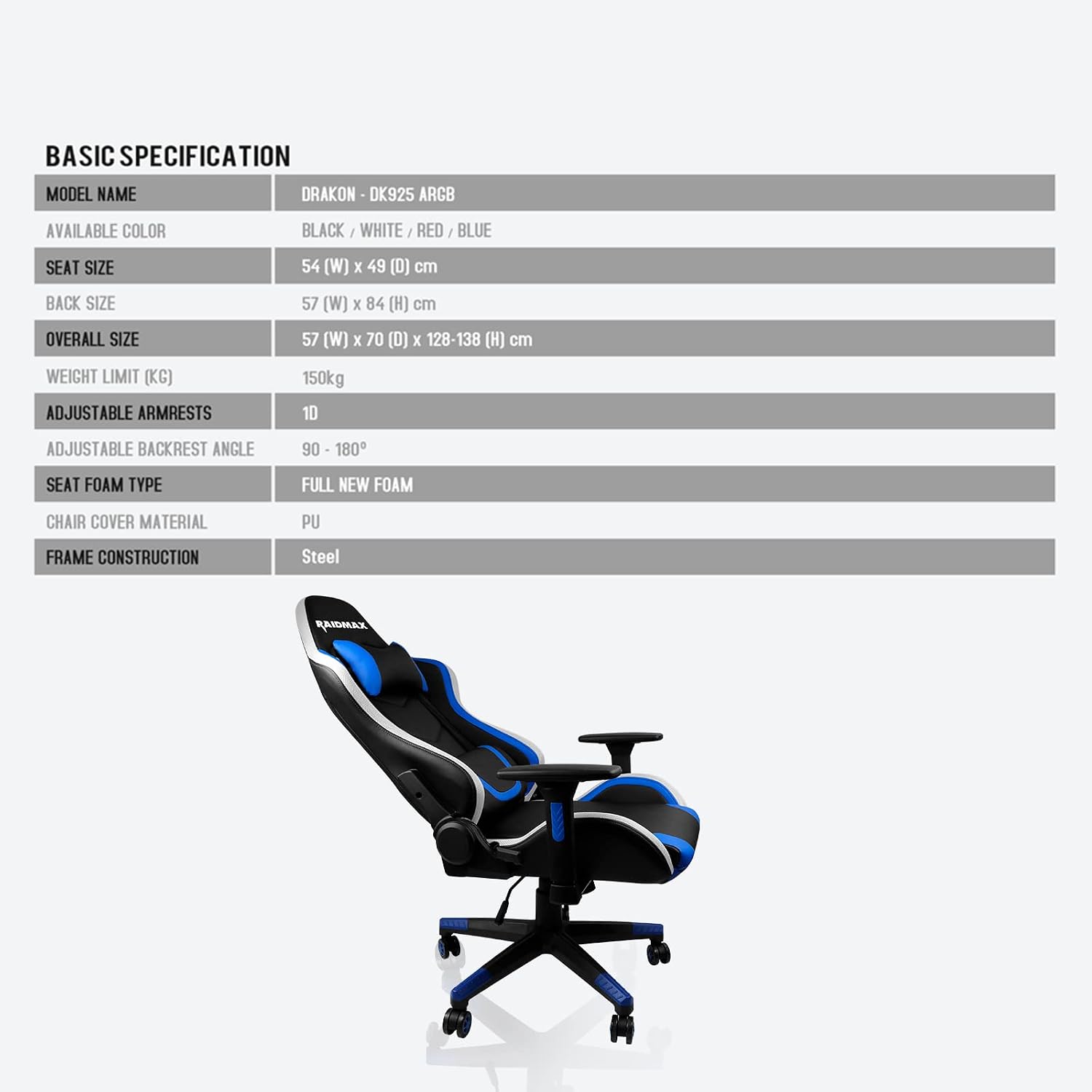 Raidmax DK925 Ergonomic Gaming Chair with Adjustable Armrest and RGB Lighting with Remote Control- Reclining, High-Performance Chair with Lumbar Support