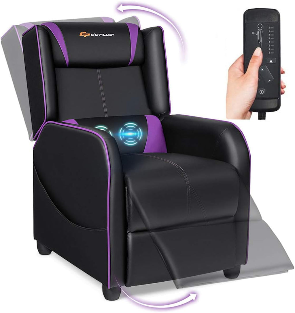 POWERSTONE Gaming Recliner Chair, Reclining Gaming Chairs for Adults Ergonomic Leather Sofa with Footrest Lumbar Support Headrest and Side Pouch for Living Room Home Theater, Purple