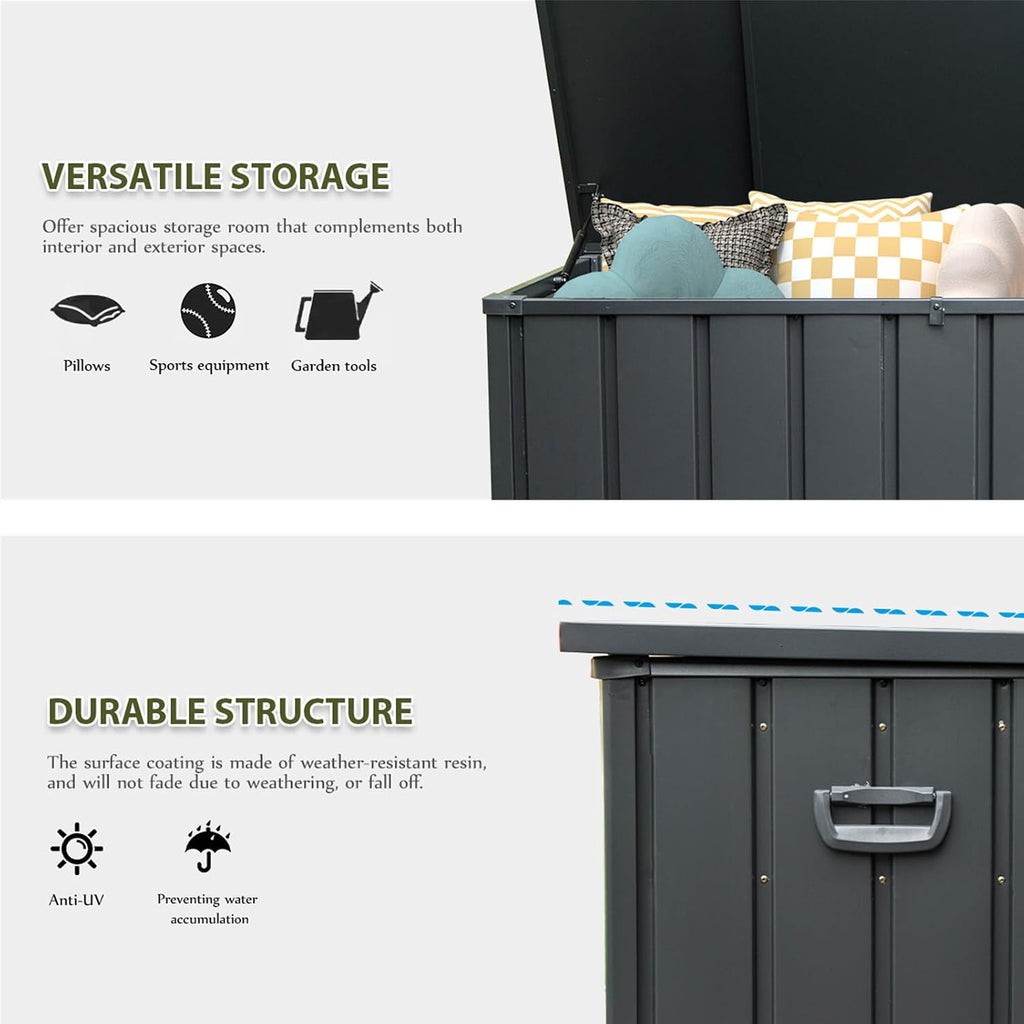 CHUNLY 120 Gallon Metal Deck Box, Waterproof Outdoor Patio Storage Box for Outside Cushions, Pool Supplies, Garden Tools, Lockable (Dark Gray)