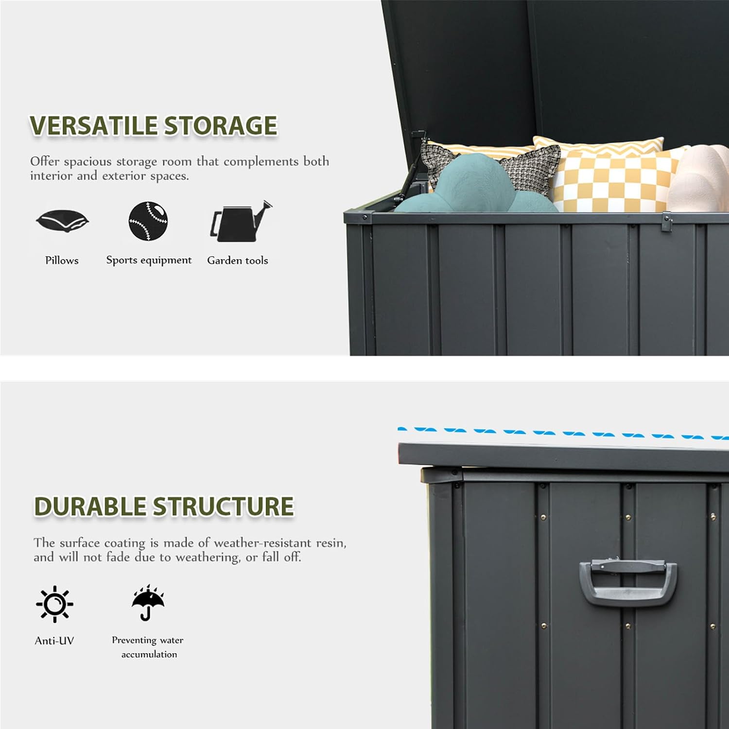CHUNLY 120 Gallon Metal Deck Box, Waterproof Outdoor Patio Storage Box for Outside Cushions, Pool Supplies, Garden Tools, Lockable (Dark Gray)