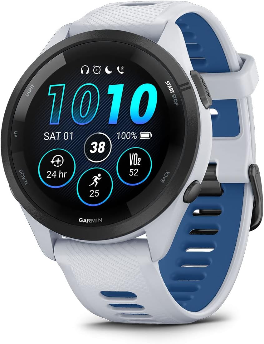 PlayBetter Garmin Forerunner 265 (Whitestone/Tidal Blue) Running GPS Smartwatch | Bright AMOLED Display, Recovery Insights | Bundle HD Screen Protectors & Portable Charger