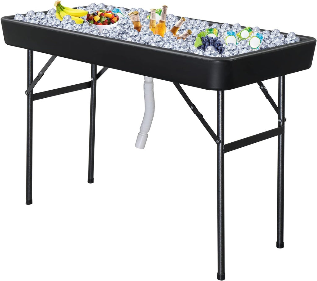 VINGLI 4 Foot Folding Party Ice Cooler, Portable Tailgate Camp Fishing Cleaning Table, Plastic with Matching Skirt, Ice Table for Party, BBQ, Camping, Picnic (Black)