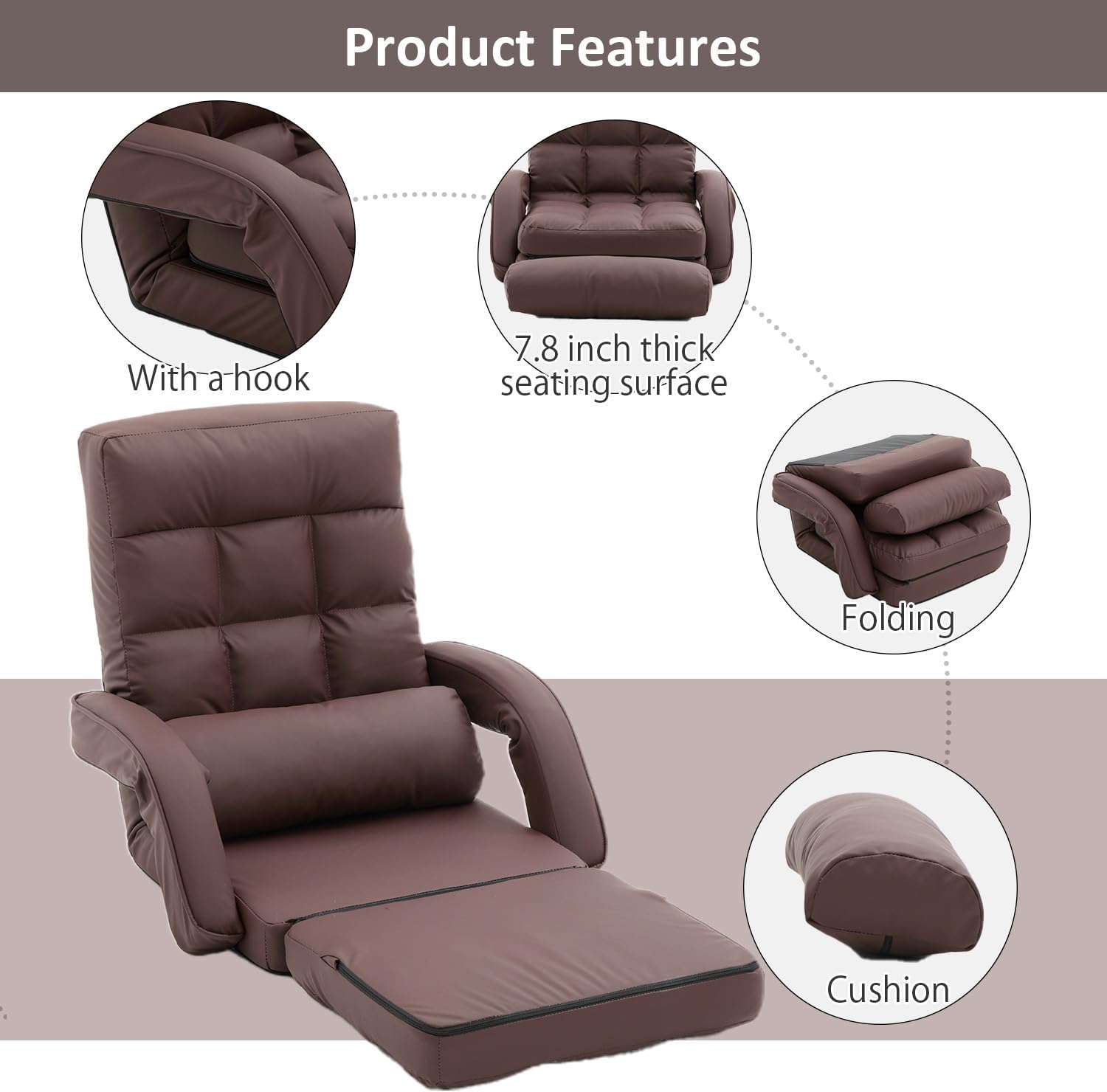 Floor Chair, Floor Gaming Chair with 14 Adjustable Position&Back Support, Folding Lounge Chair with Armrest for Adults, Lazy Sofa Lounger with Comfy Cushion for Living Room,Bedroom,PU,Coffee