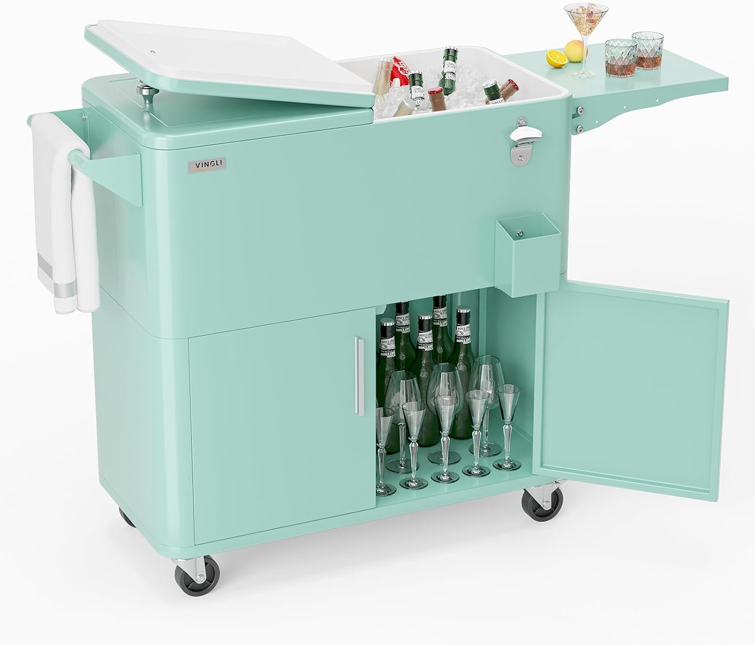 VINGLI Patio Cooler, Ice Chest with Storage Cabinet, Bottle Opener Drainage, Outdoor Cooler for Party, Deck, Pool
