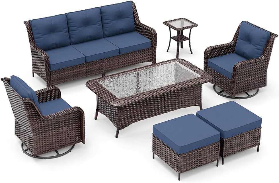 Kurapika 7-Piece Patio Furniture Set, Wicker Thick-Backed Outdoor Swivel Rocking Chair, Includes Coffee Table and Thick Cushions, Conversation Set for Porch,Patio, Navy Blue