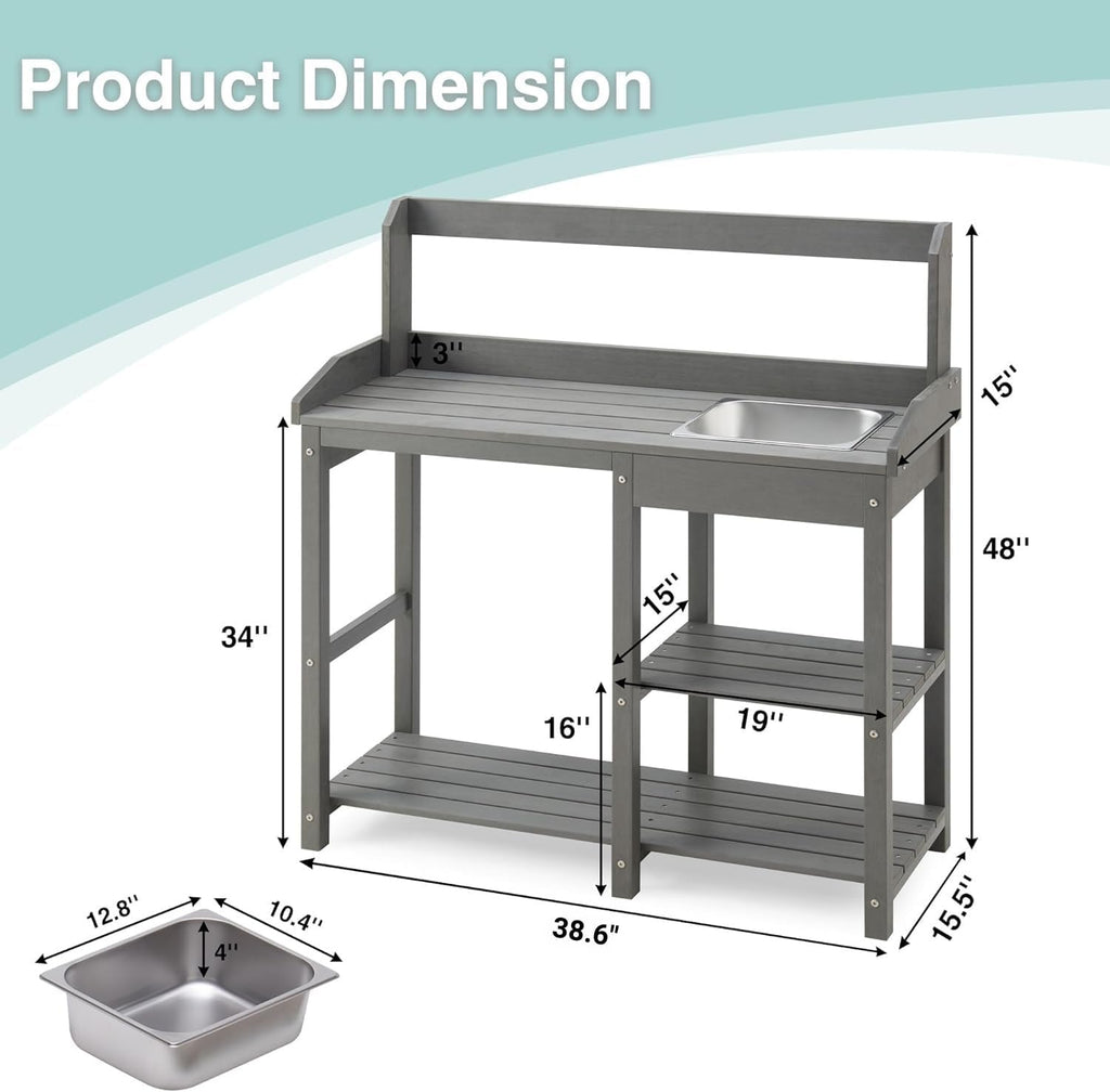Psilvam Outdoor Potting Bench with Sink, Rot-Resistant HDPS Potting Table for Outside Garden, All-Weather Use, (Grey)