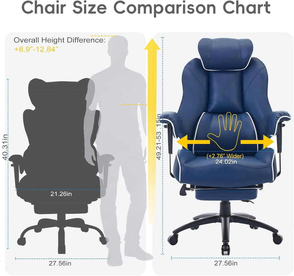 DJ·Wang Big and Tall Office Chair with Foot Rest, High Back Executive Office Chair PU Leather, Ergonomic Chairs with Lumbar Support, 135° Reclining Chairs with Thickened Spring Cushion Blue