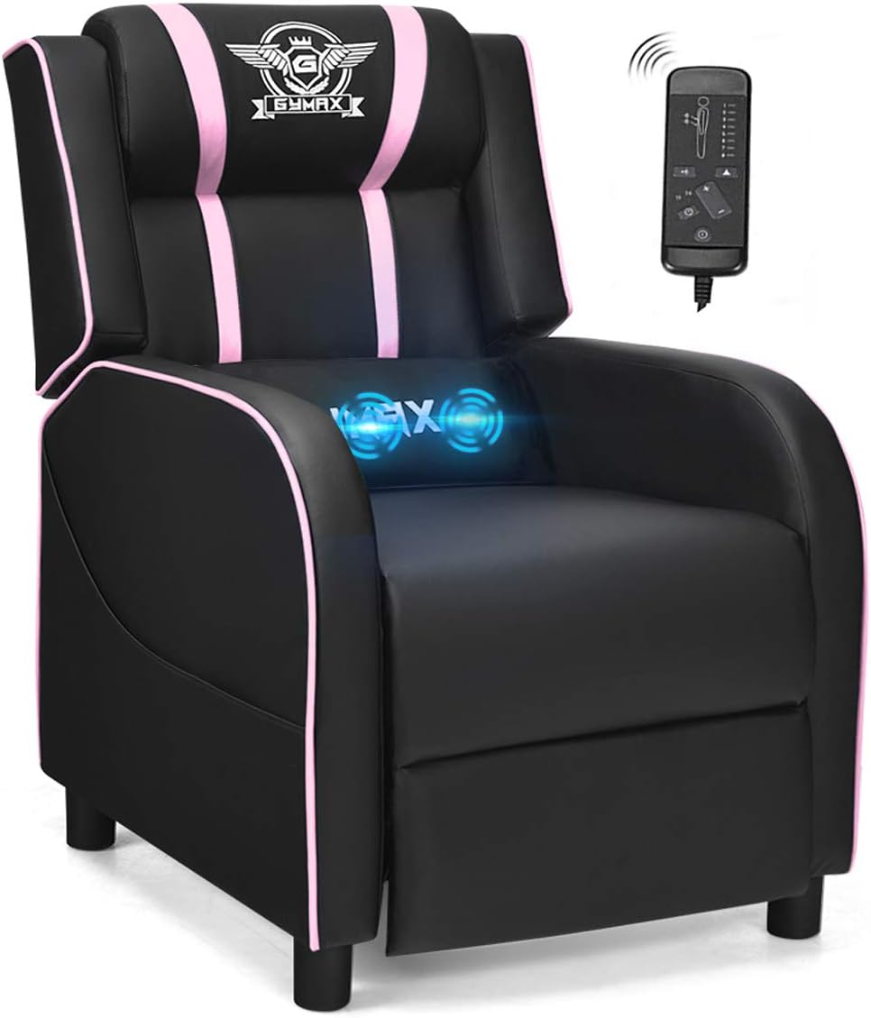 POWERSTONE Gaming Recliner Chair, Reclining Gaming Chairs for Adults Ergonomic Leather Sofa with Footrest Lumbar Support Headrest and Side Pouch for Living Room Home Theater, Pink