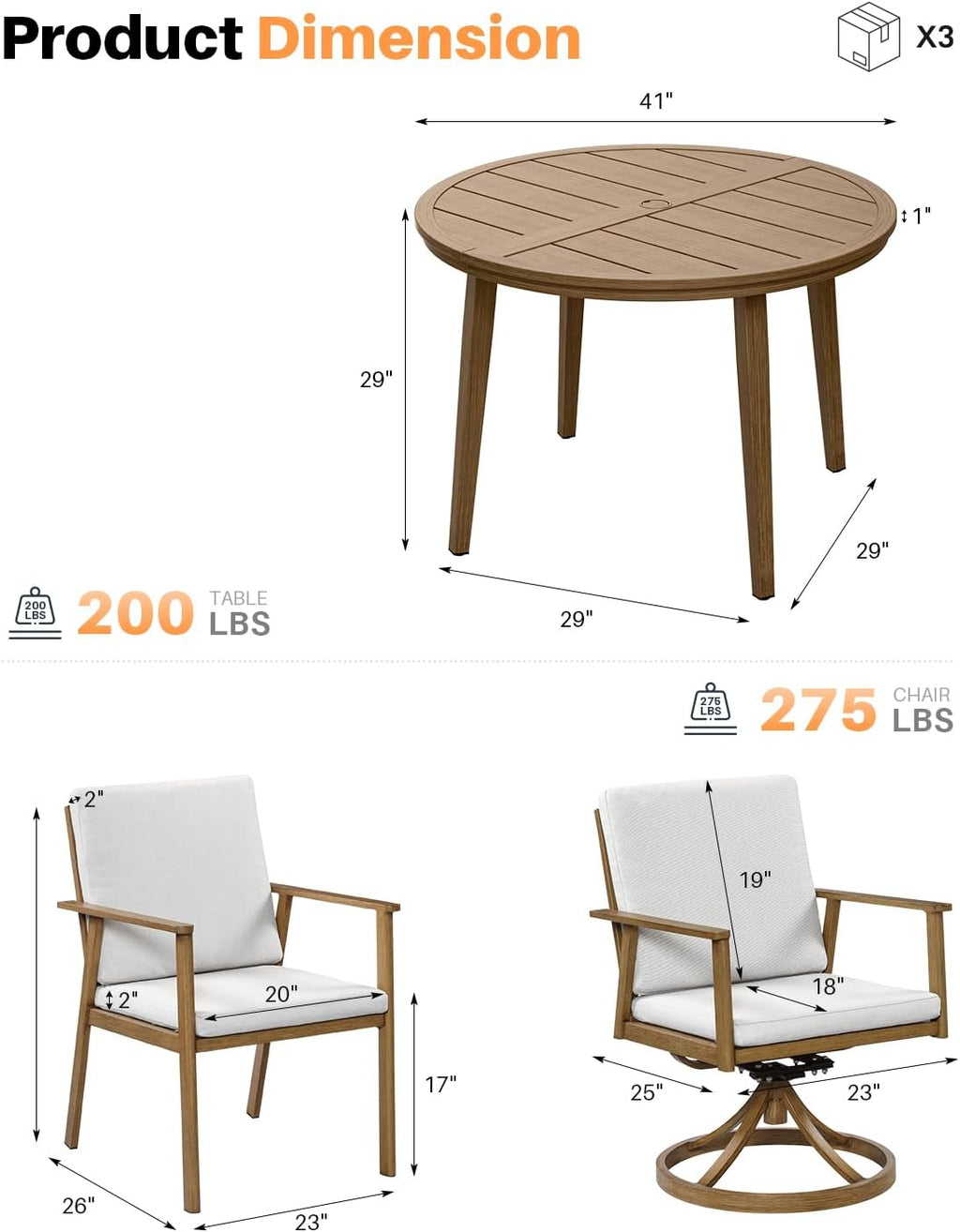 5-Piece Round Outdoor Dining Set, Never-Rust Aluminum Outdoor Table and Chairs Set, 41' Round Dining Table with 2 Swivel Dining Chairs, Modern Patio Dining Set for Garden, Deck, Yard, Teak