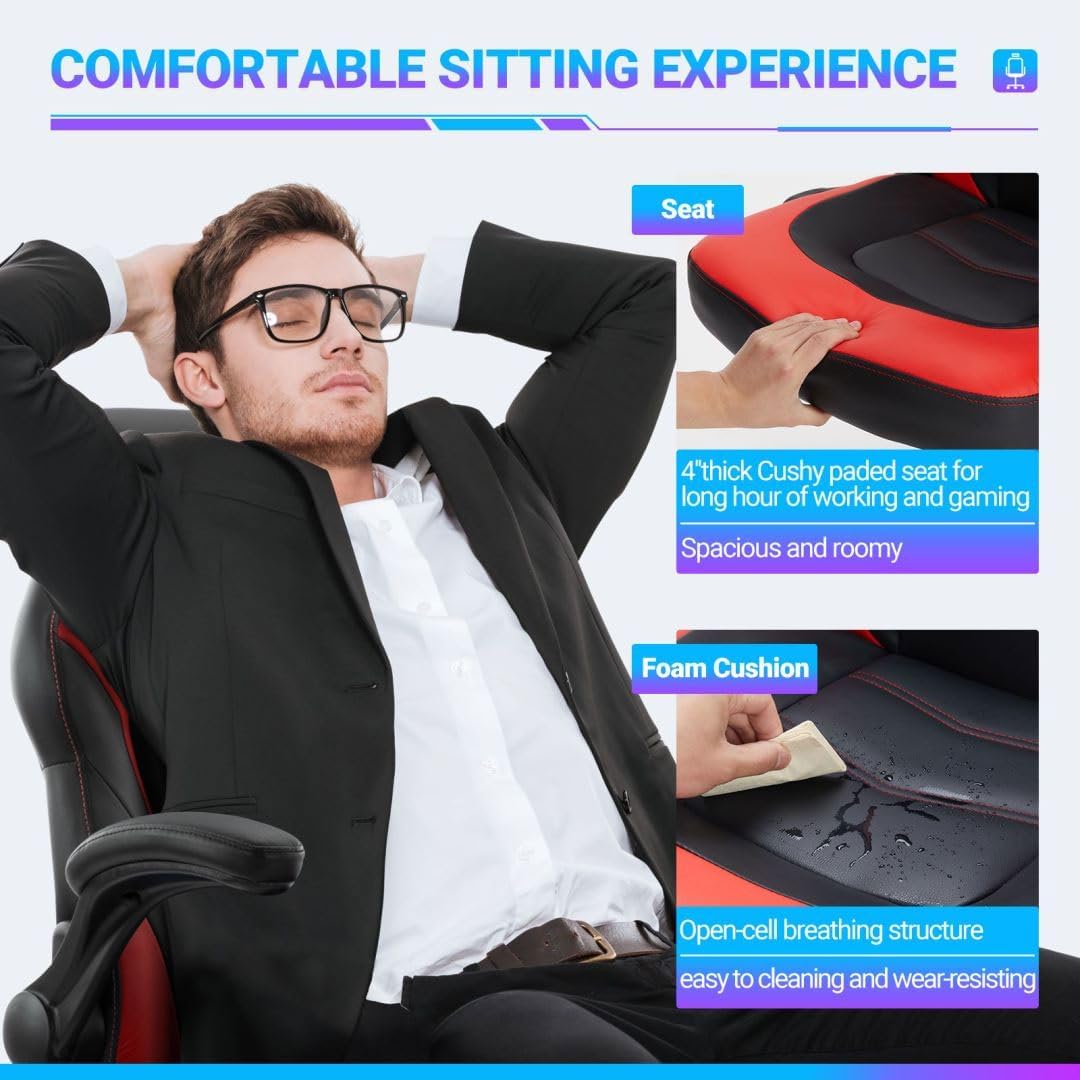 Heavy Duty Gaming Chair Ergonomic Gamer for Home Office with Lumbar Support, Adjustable Backrest, Flip-Up Armrest and Stable 360° Swivel Wheels for Adults, Professional Gamers and Teens, Black-Red