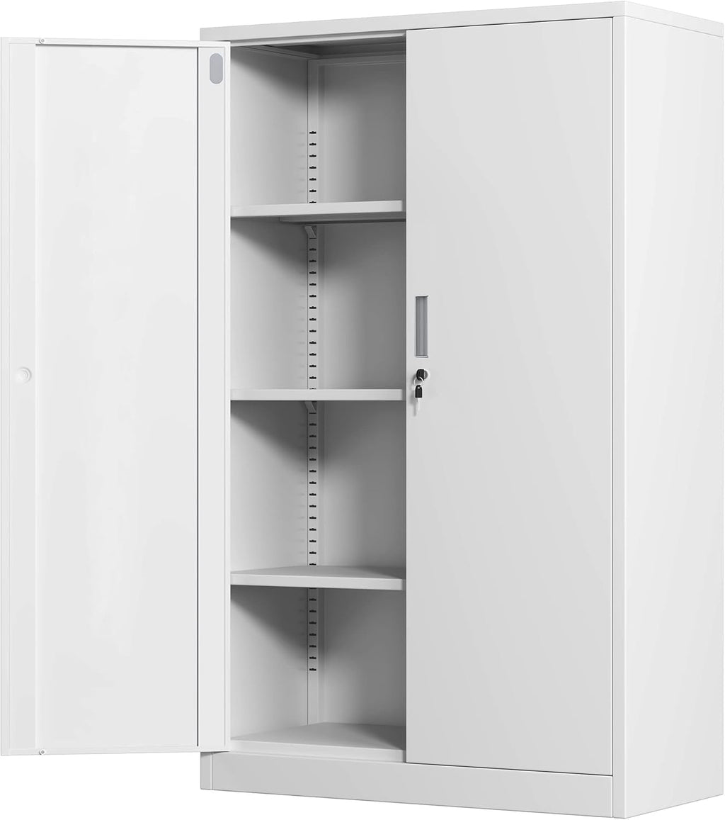 Metal Storage Cabinet with Locking Doors and 3 Adjustable Shelves, 53.5-Inch Lockable Storage Cabinets for Home Office Garage Kitchen Pantry (White)