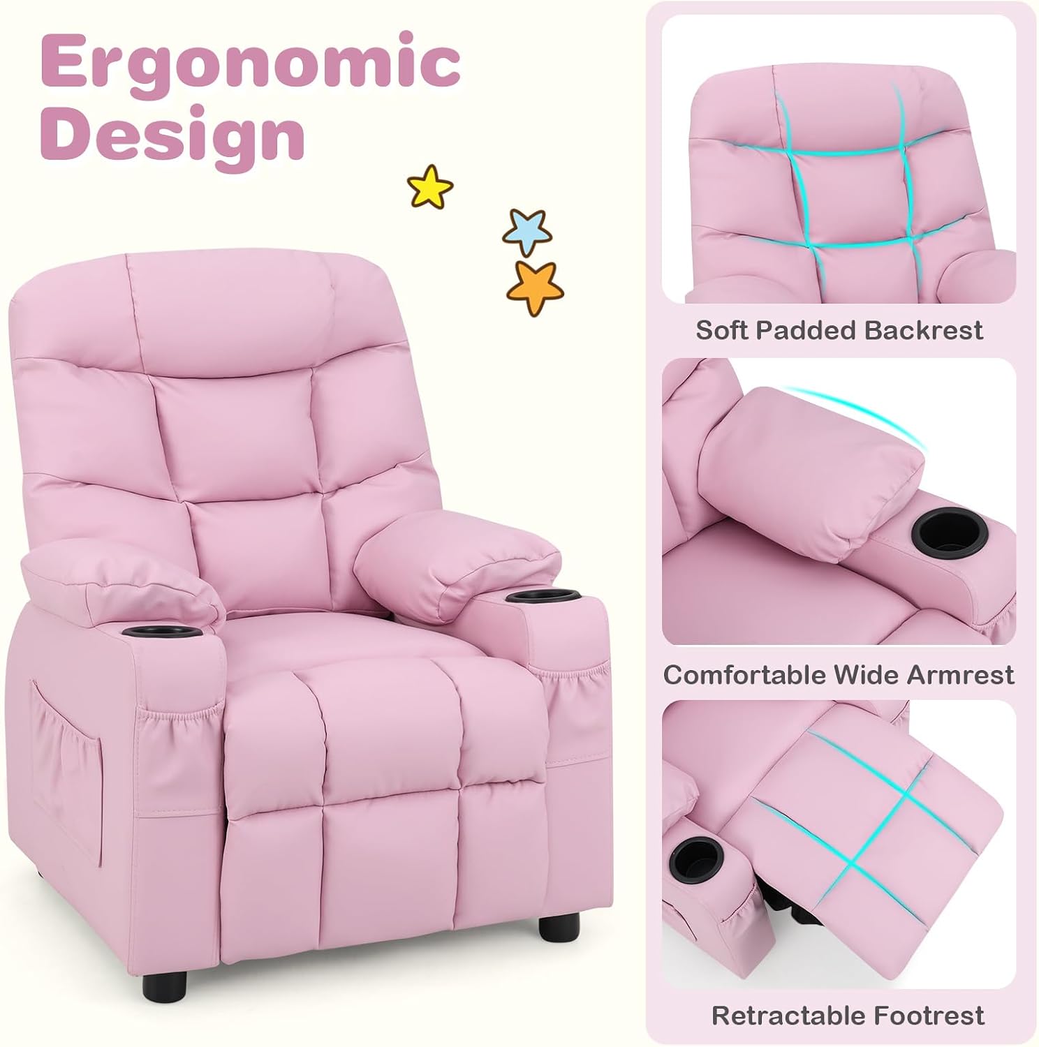 MAT EXPERT Kids Recliner, Leather Adjustable Reading Gaming Chair w/ 2 Cup Holder, 3 Side Pocket Storage & Footrest, Kids Couch,Toddler Recliner Sofa for Boys Girls, Kids Room Playroom Nursery (Pink)