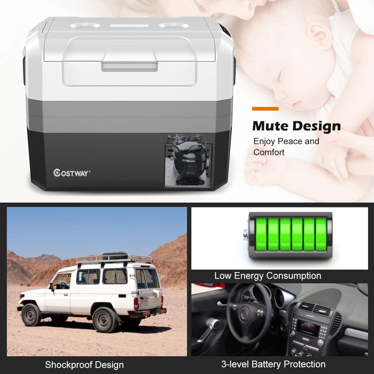 COSTWAY Portable Car Refrigerator, -14.8°F to 50°F, 58-Quart Compressor Travel Fridge with Two-way Open Door, Operating Panel, Groove Design, Compact RV Freezer and Cooler for Outdoor and Home Use