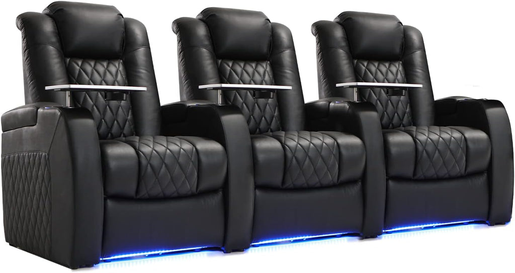 Weilianda Home Theater Seating Top Grain Leather Zero Gravity Recliner Chair Power Headrest Recline Movie Seat Gaming 7 Colors Mood Light Sofa with Tray Table USB Charge Row of 3 Black