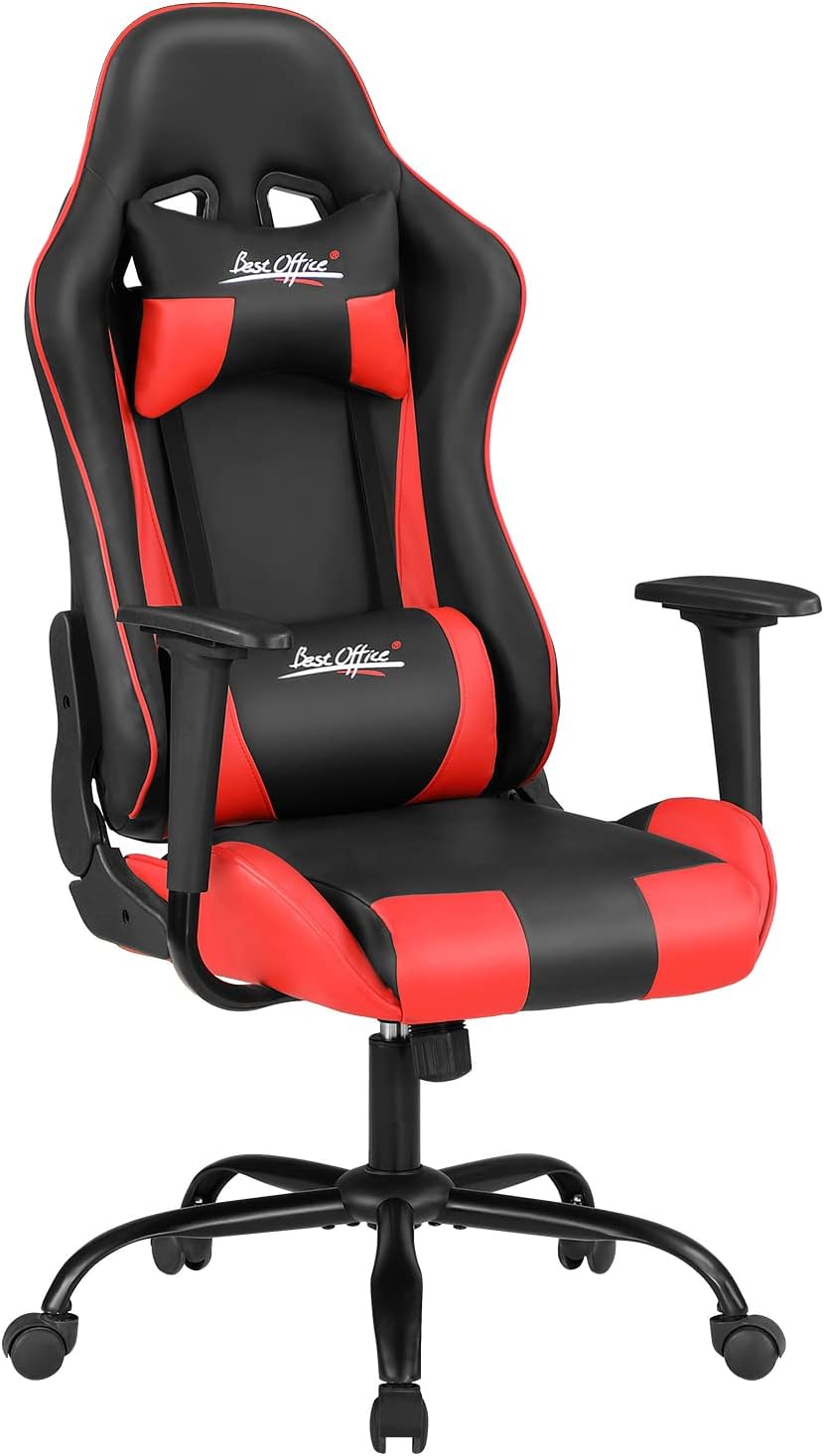 Gaming Chair Office Chair Desk Chair with Lumbar Support Headrest Armrest Task Rolling Swivel Ergonomic E-Sports Adjustable PC Gamer Chair (Red)